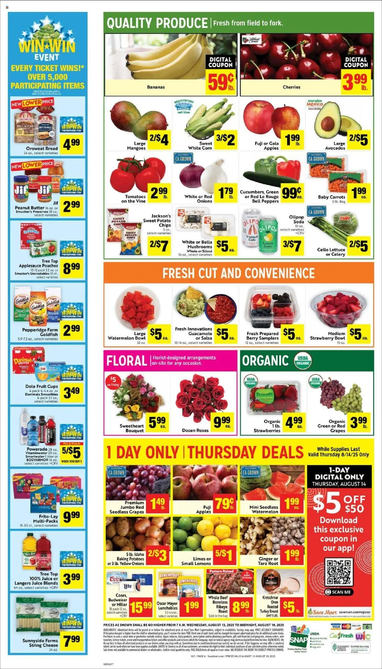 Save Mart Weekly Ad - valid from 13.08.2025 | Page: 4 | Products: Butter, Bread, Bananas, Potatoes