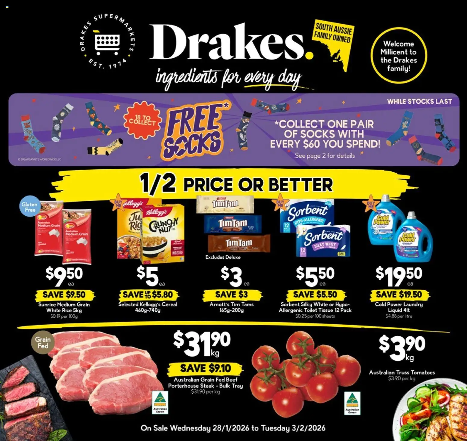 Drakes catalogue - valid from 28.01.2026 | Page: 1 | Products: Toilet, Tomatoes, Rice, Laundry