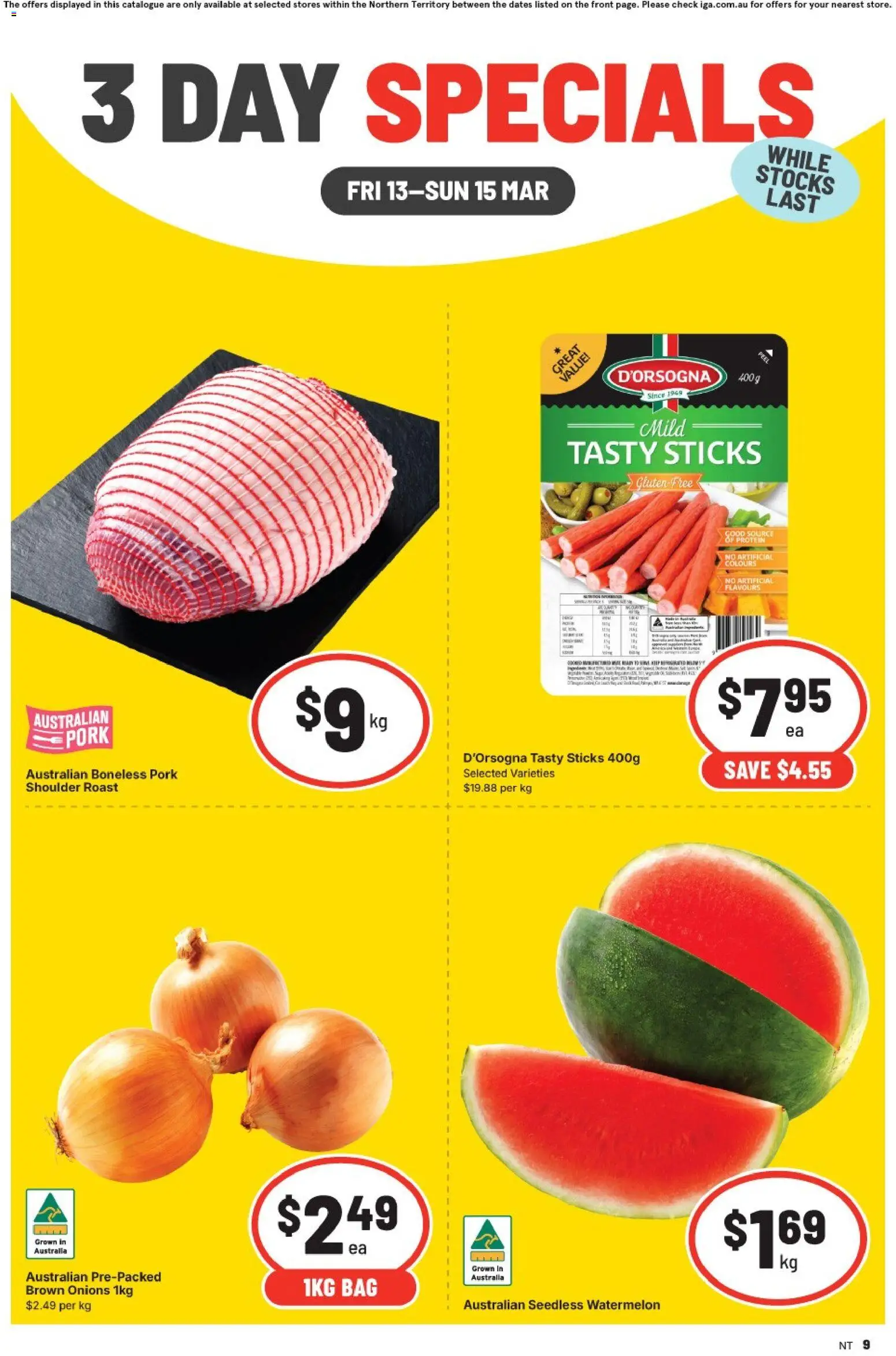 IGA catalogue - valid from 13.03.2026 | Page: 1 | Products: Pork, Onions, Watermelon, Bag