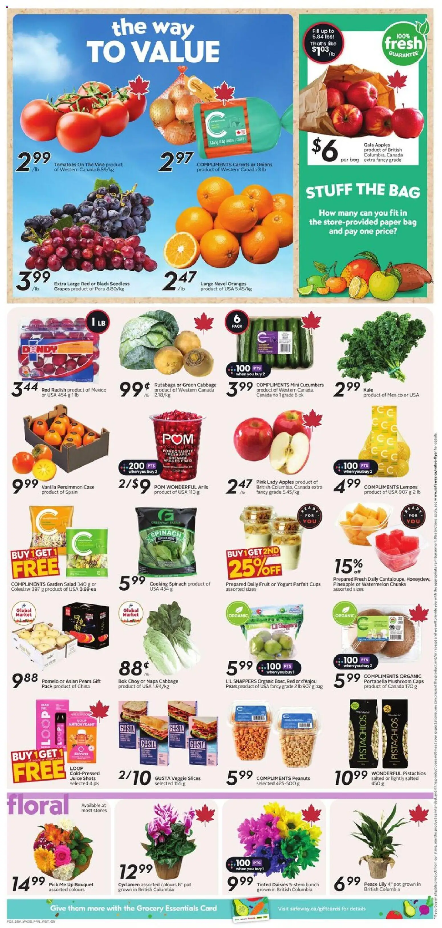 Safeway flyer valid from 01.01.2026 | Page: 5 | Products: Cucumbers, Salad, Case, Juice