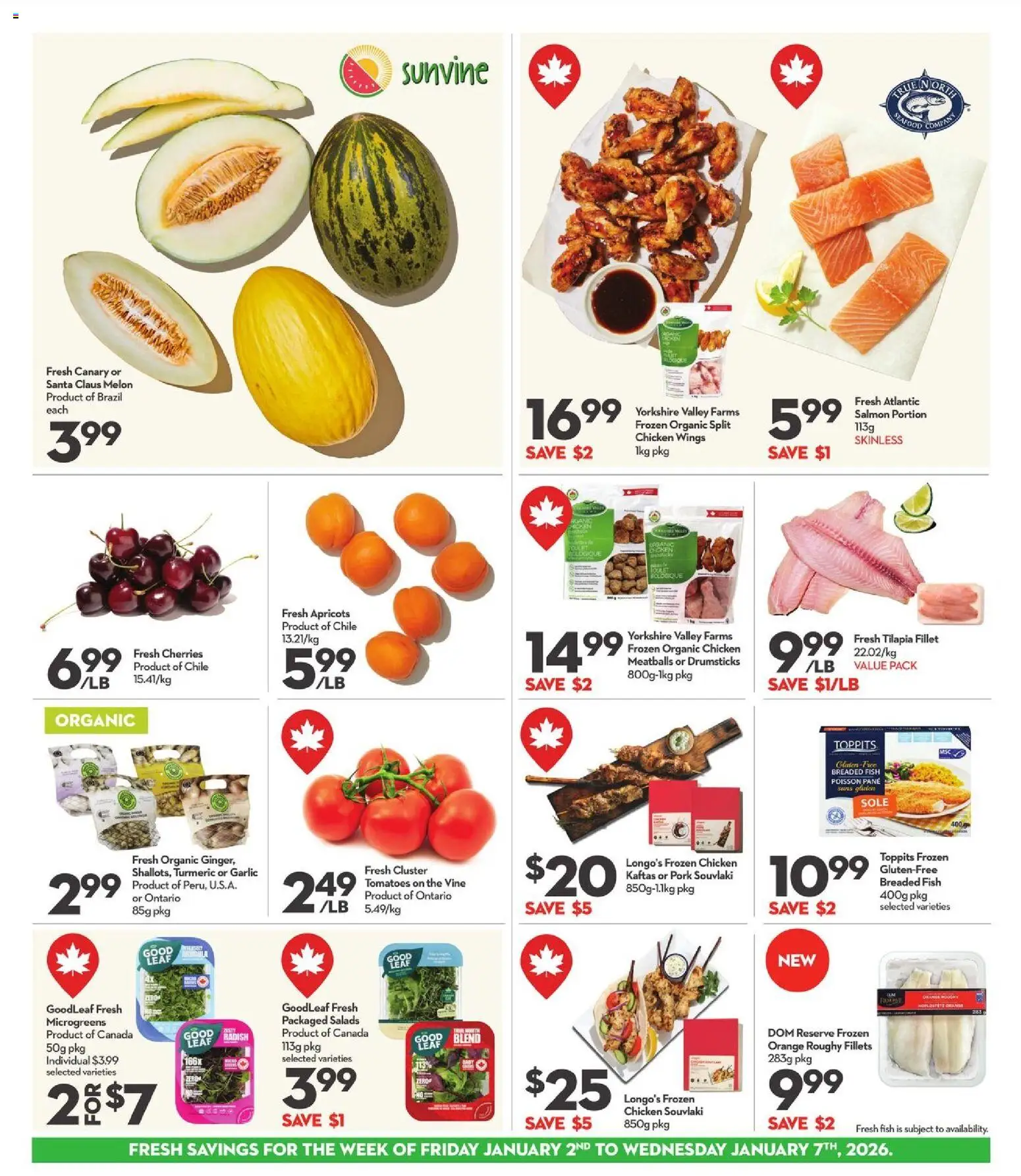 Longo's flyer valid from 02.01.2026 | Page: 3 | Products: Fish, Chicken, Pork, Tomatoes