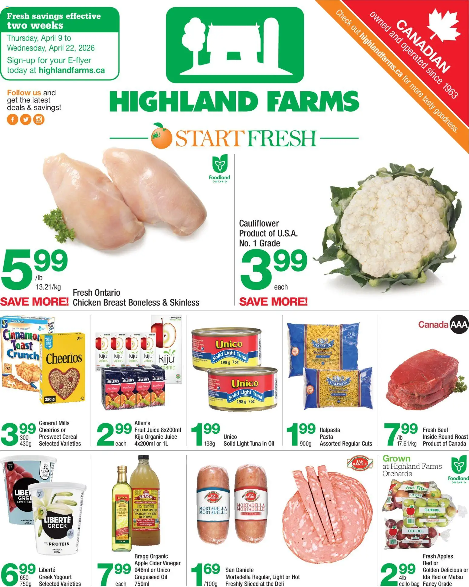 Highland Farms flyer valid from 09.04.2026 | Page: 1 | Products: Pasta, Oil, Juice, Apples