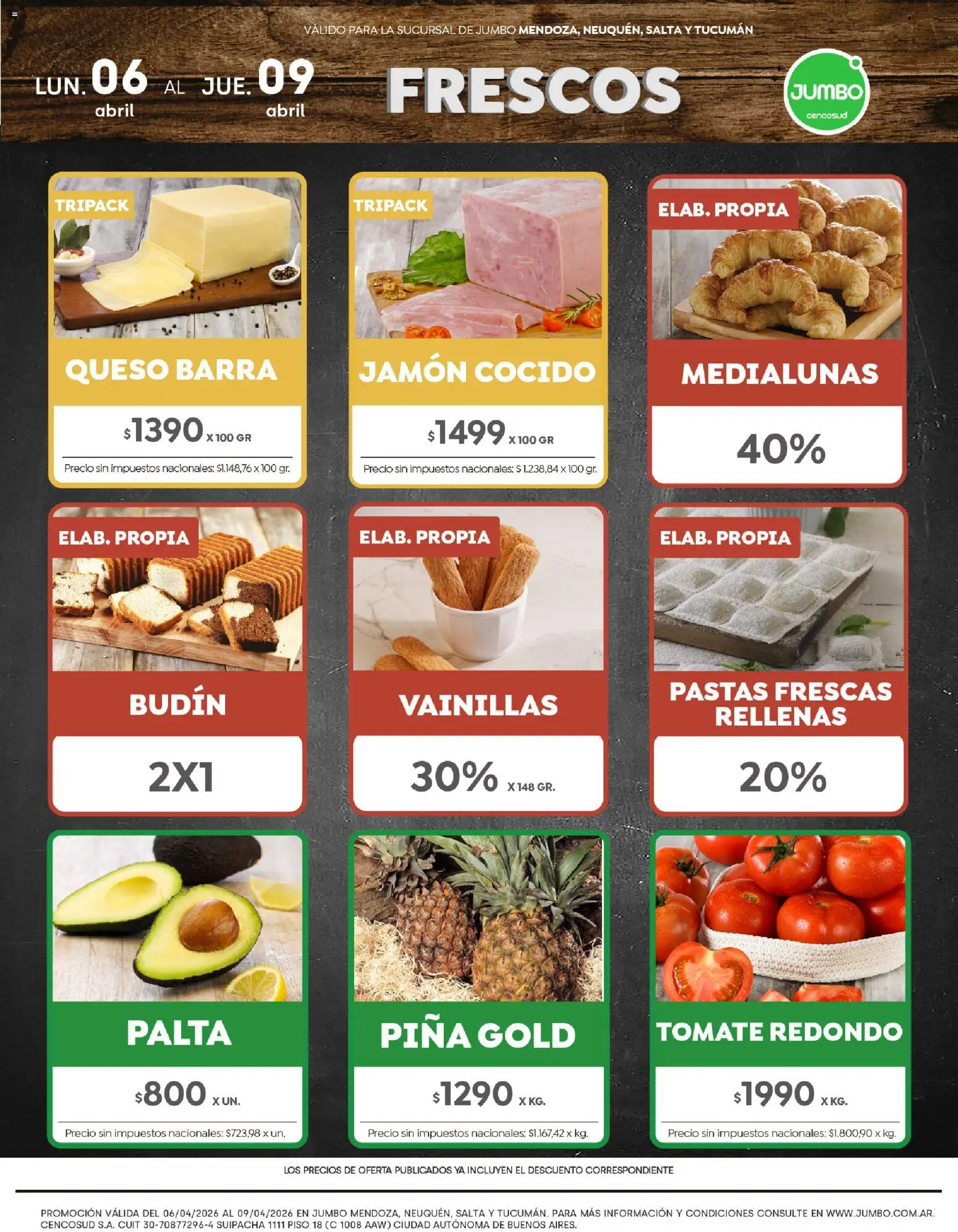 Jumbo - Ofertas | Interior │ válido desde el 06.04.2026 | Página: 1 | Productos: Budín, Tomate, Palta, Jamón