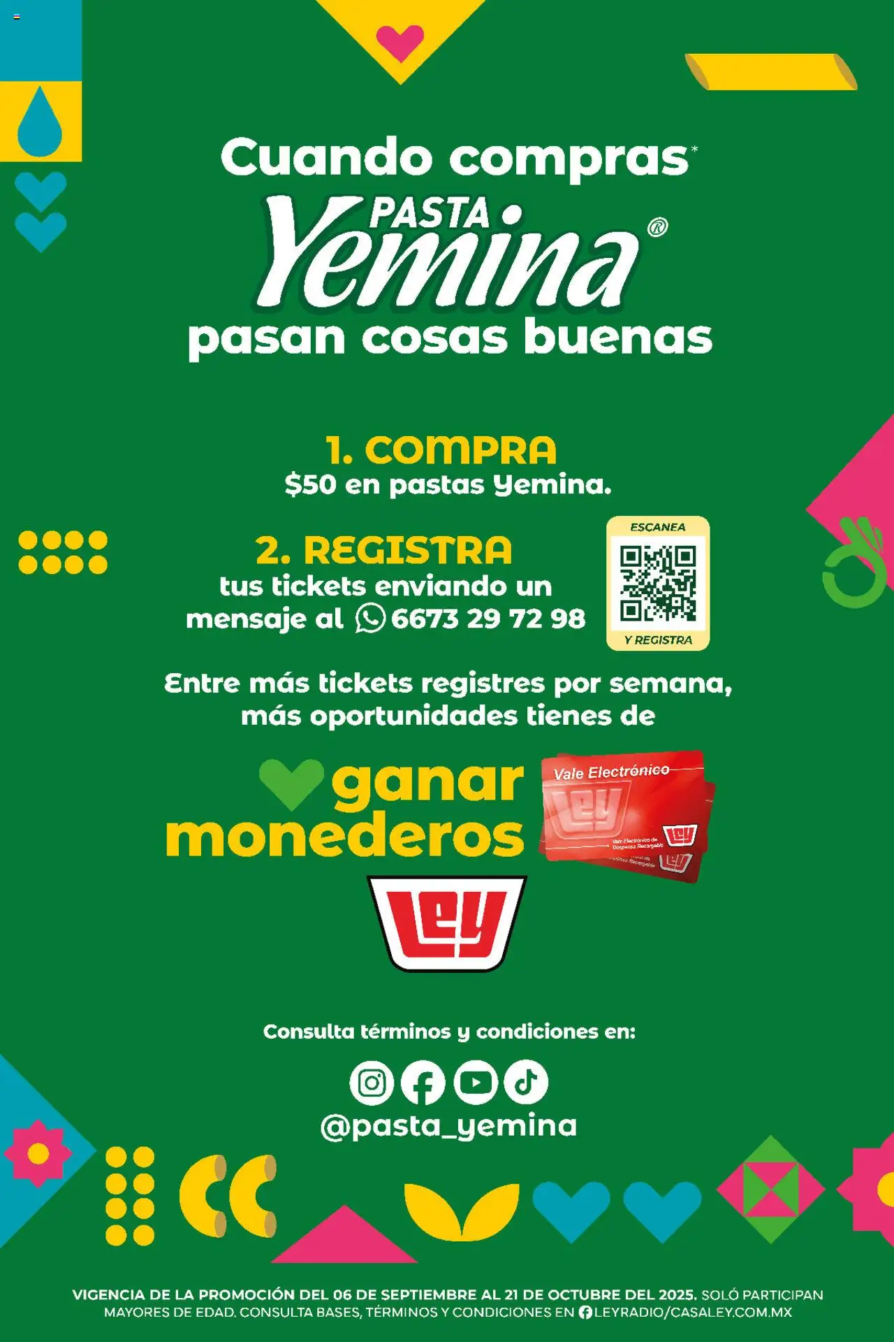 Nuevas ofertas de Casa Ley válidas en toda la República Mexicana desde el 06.09.2025. ¡Encuentra las mejores ofertas en Casa Ley - Folleto - Cuando compras Pasta Yemina, pasan cosas buenas! | Página: 1 | Productos: Pasta