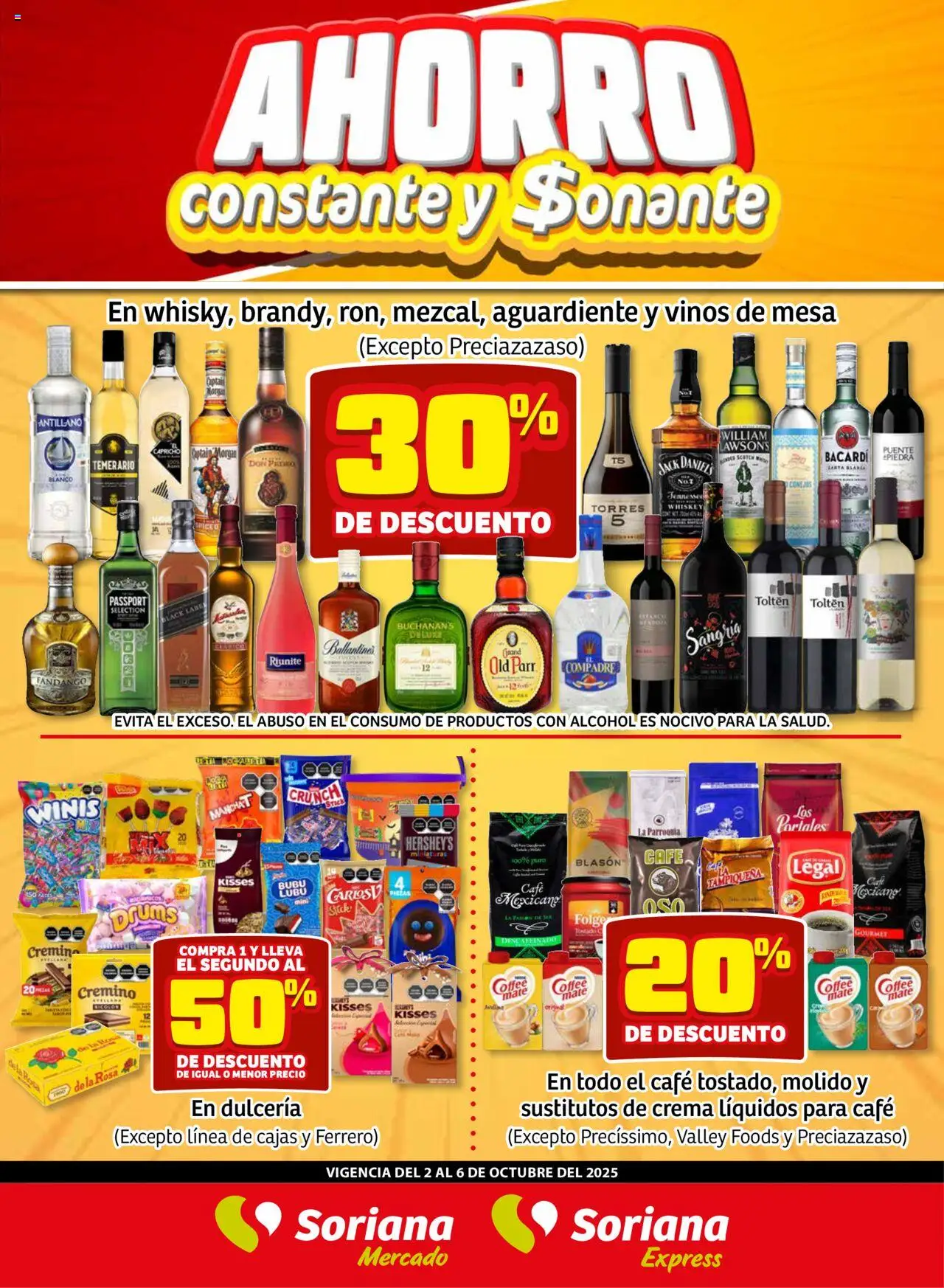 Nuevas ofertas de Soriana válidas en toda la República Mexicana desde el 02.10.2025. ¡Encuentra las mejores ofertas en Soriana - Fin de Semana Mercado: Ags, Nay, Jal, Qro, Col, Mich, Gto, Hgo, Tlax, Mor, Pue, Gro, Oax, Edo. de Mex, CDMX, Zac y SLP! | Página: 1 | Productos: Whiskey, Crema, Café, Mesa