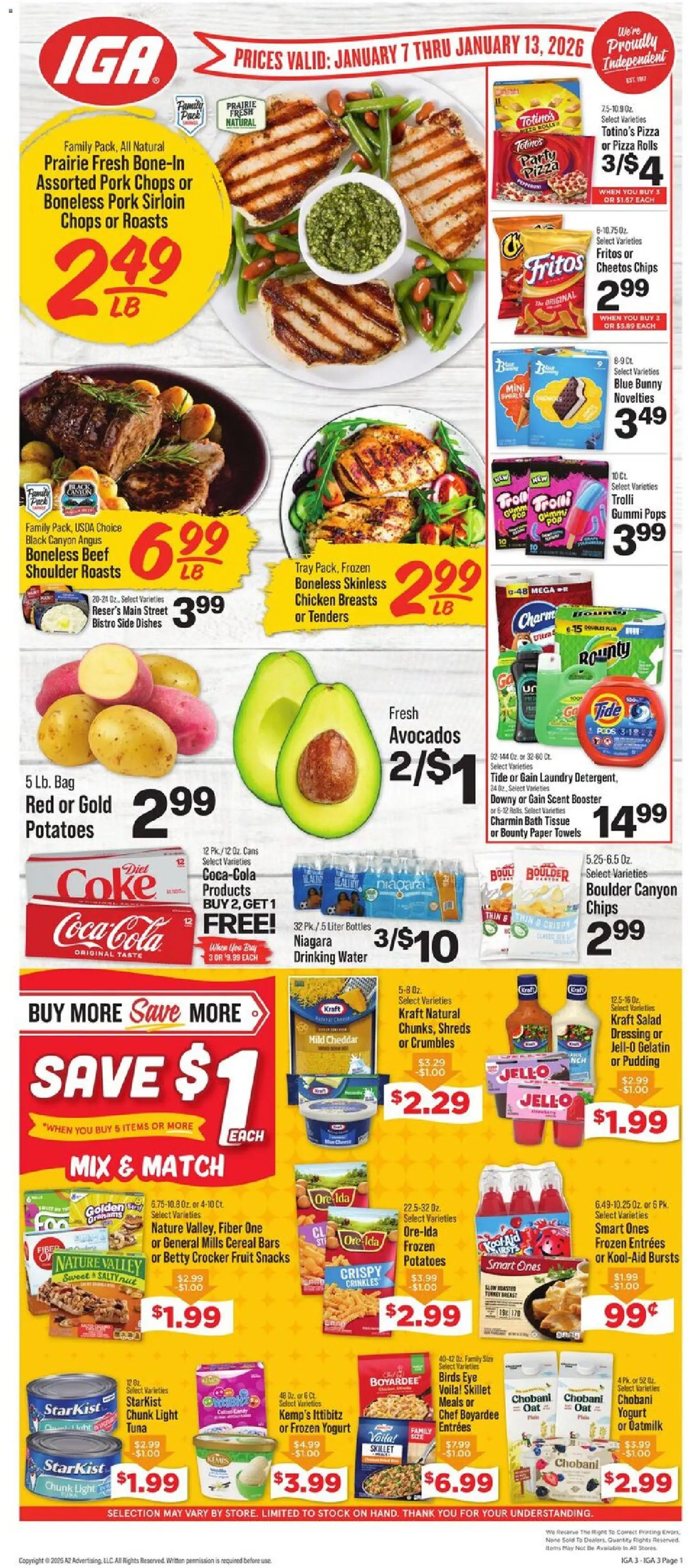 IGA Weekly Ad - valid from 07.01.2026 | Page: 1 | Products: Yogurt, Pizza, Beef, Potatoes