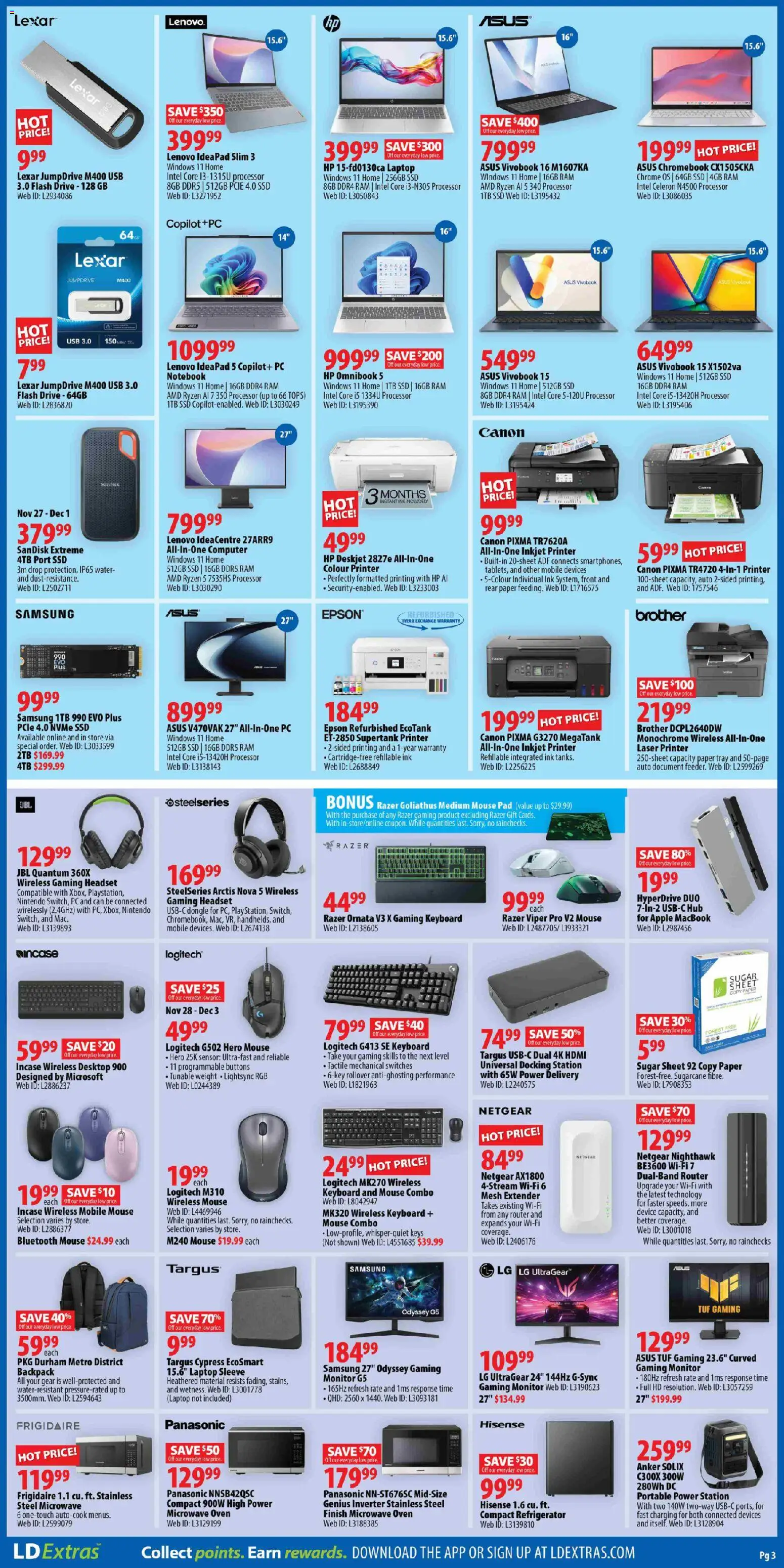 London Drugs flyer valid from 27.11.2025 | Page: 3 | Products: Backpack, Monitor, Refrigerator, Oven