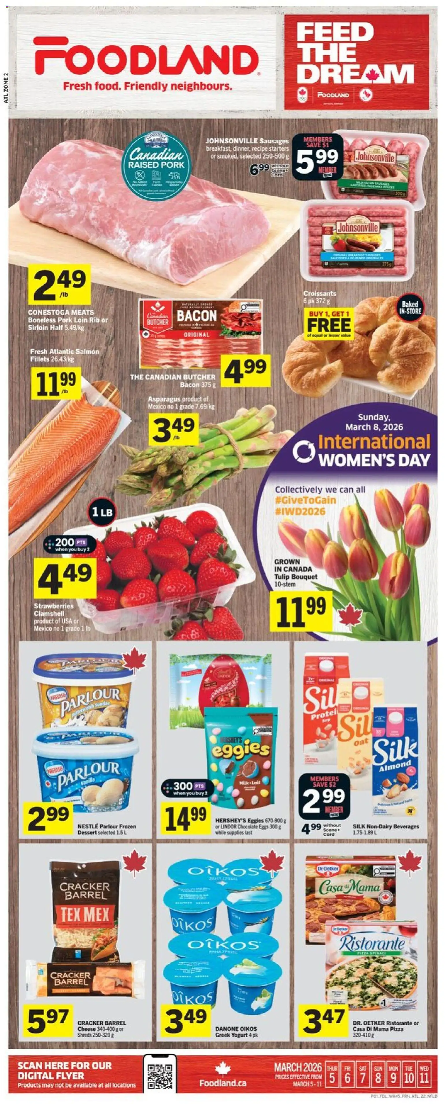 Foodland flyer valid from 05.03.2026 | Page: 1 | Products: Strawberries, Cheese, Chocolate, Pizza