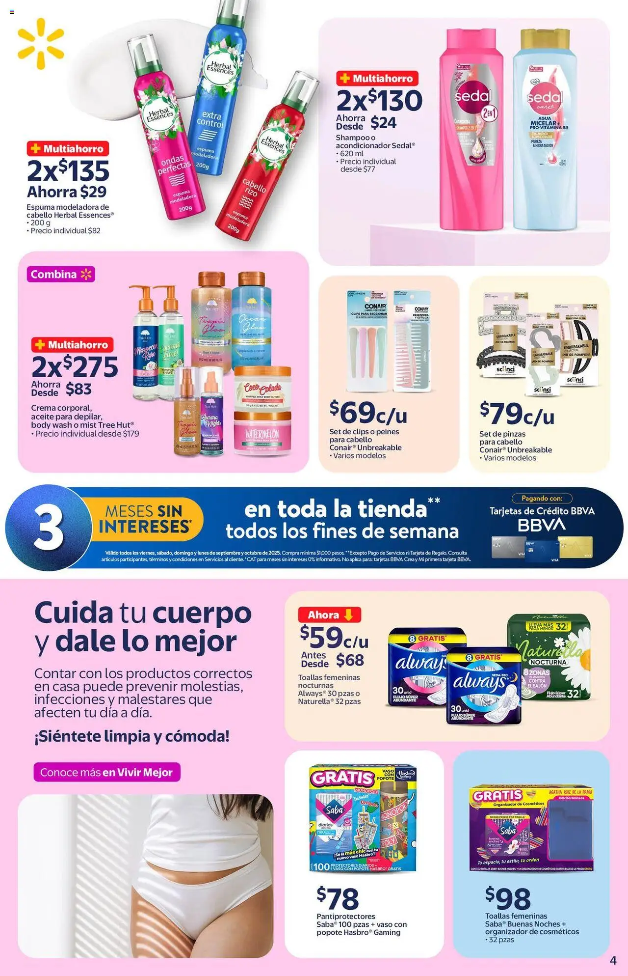 Nuevas ofertas de Walmart válidas en toda la República Mexicana desde el 19.09.2025. ¡Encuentra las mejores ofertas en Walmart - Folleto la belleza! | Página: 4 | Productos: Crema, Agua, Protectores diarios, Body