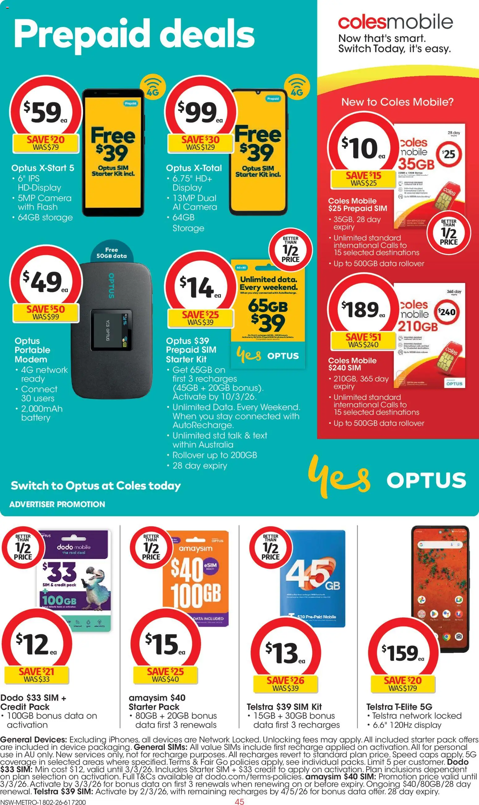 Coles catalogue - valid from 18.02.2026 | Page: 45 | Products: Battery, Device, Modem, Mobile