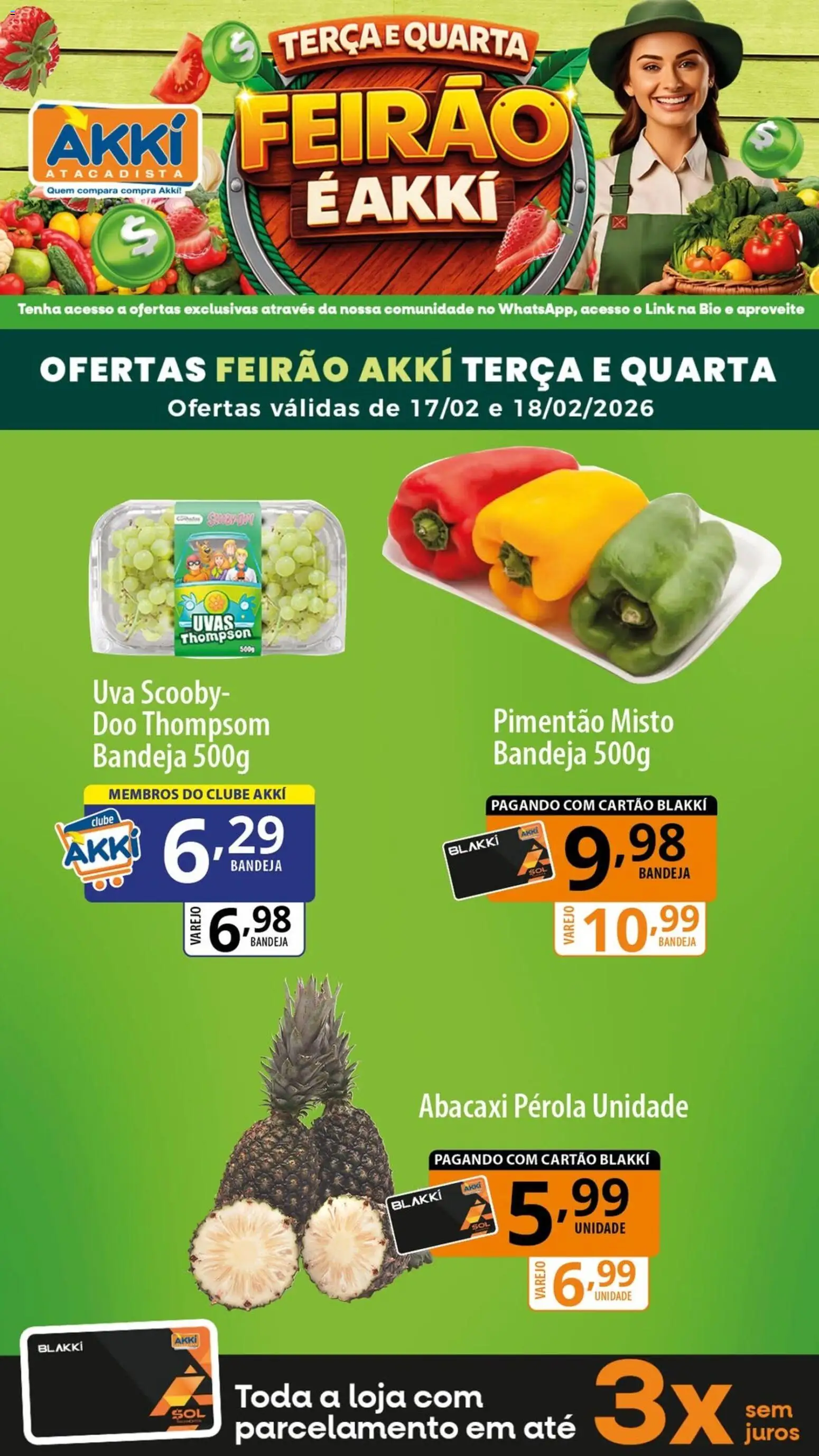 Akki Atacadista Folheto - válido de 17.02.2026 | Página: 4 | Produtos: Pimentão, Abacaxi, Bandeja, Uvas