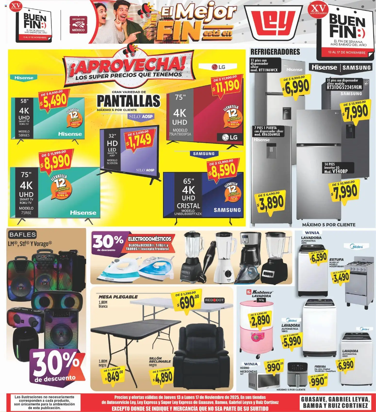 Nuevas ofertas de Casa Ley válidas en toda la República Mexicana desde el 13.11.2025. ¡Encuentra las mejores ofertas en Casa Ley folleto Guasave! | Página: 1 | Productos: Pantallas, Horno, Lavadora, Mesa