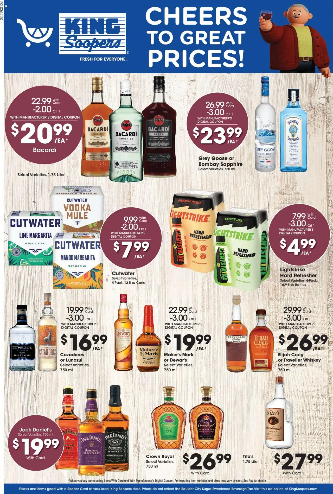 King Soopers Adult Beverage - valid from 20.08.2025 | Page: 1 | Products: Whiskey, Sugar, Lemon, Lime