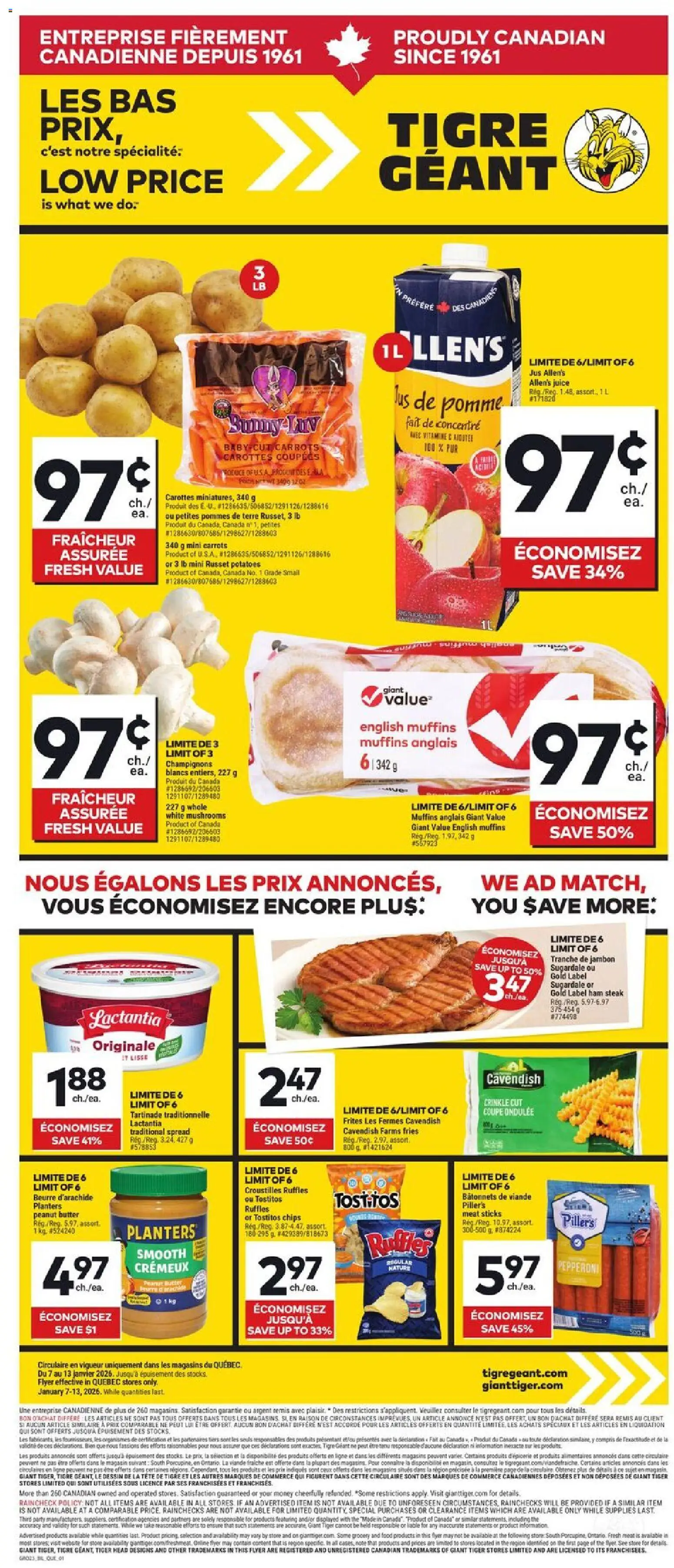 Giant Tiger flyer valid from 07.01.2026 | Page: 1 | Products: Potatoes, Butter, Ham, Juice