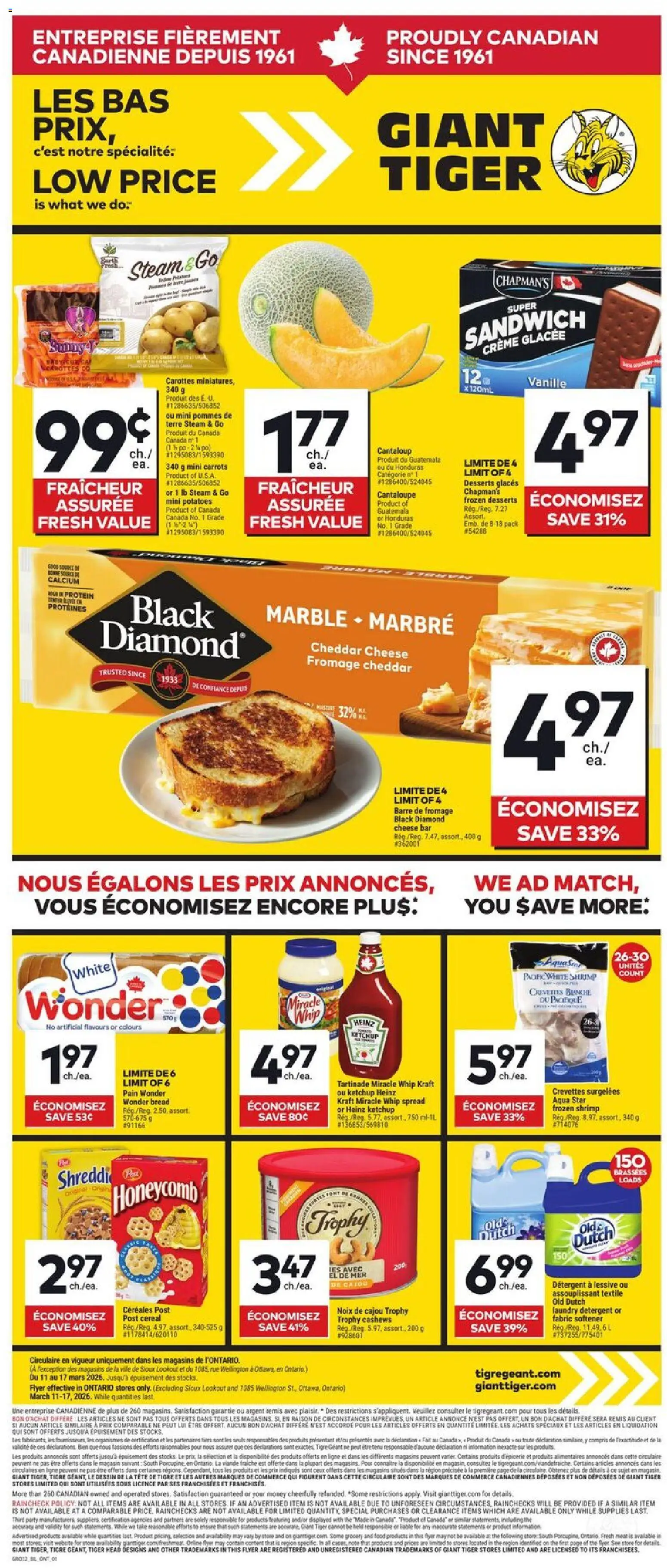 Giant Tiger flyer valid from 11.03.2026 | Page: 1 | Products: Ketchup, Potatoes, Fabric softener, Bread