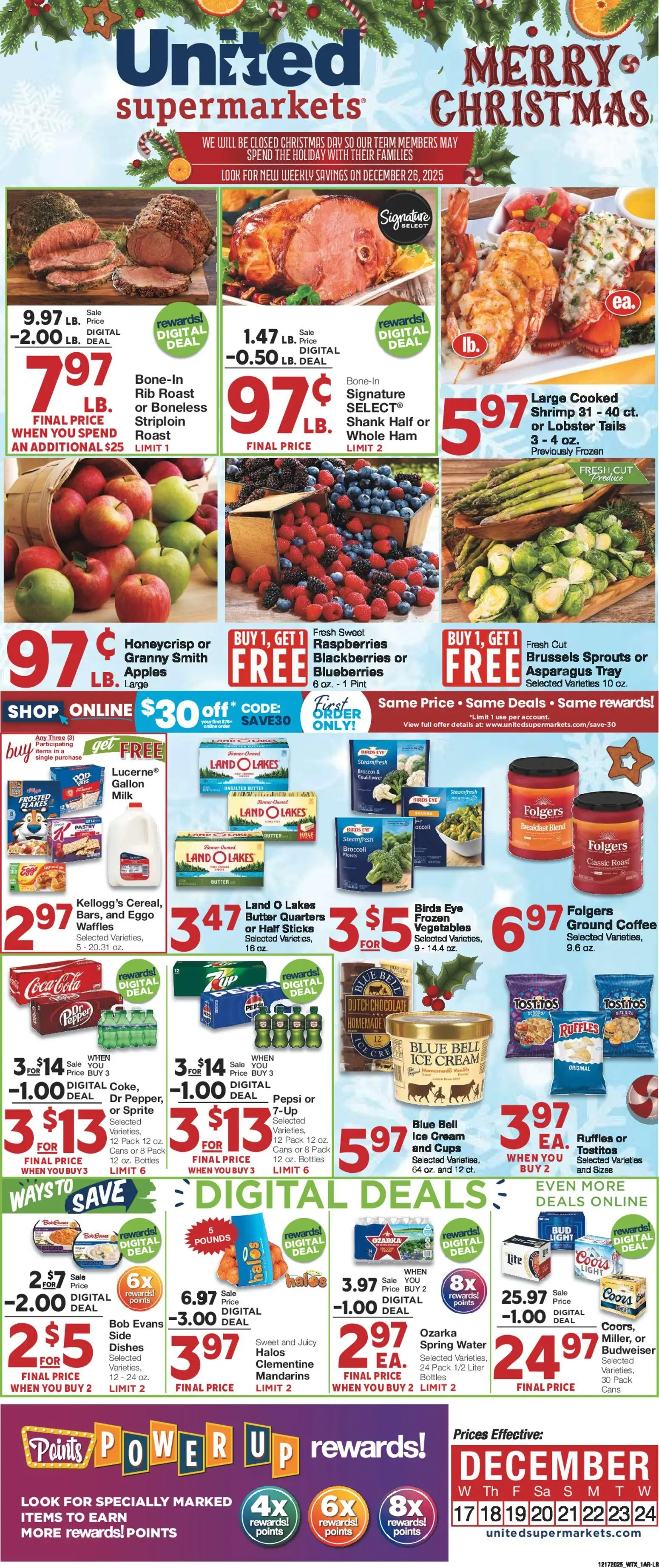 United Supermarkets Weekly Ad - valid from 17.12.2025 | Page: 1 | Products: Mandarins, Brussels Sprouts, Vegetables, Cauliflower