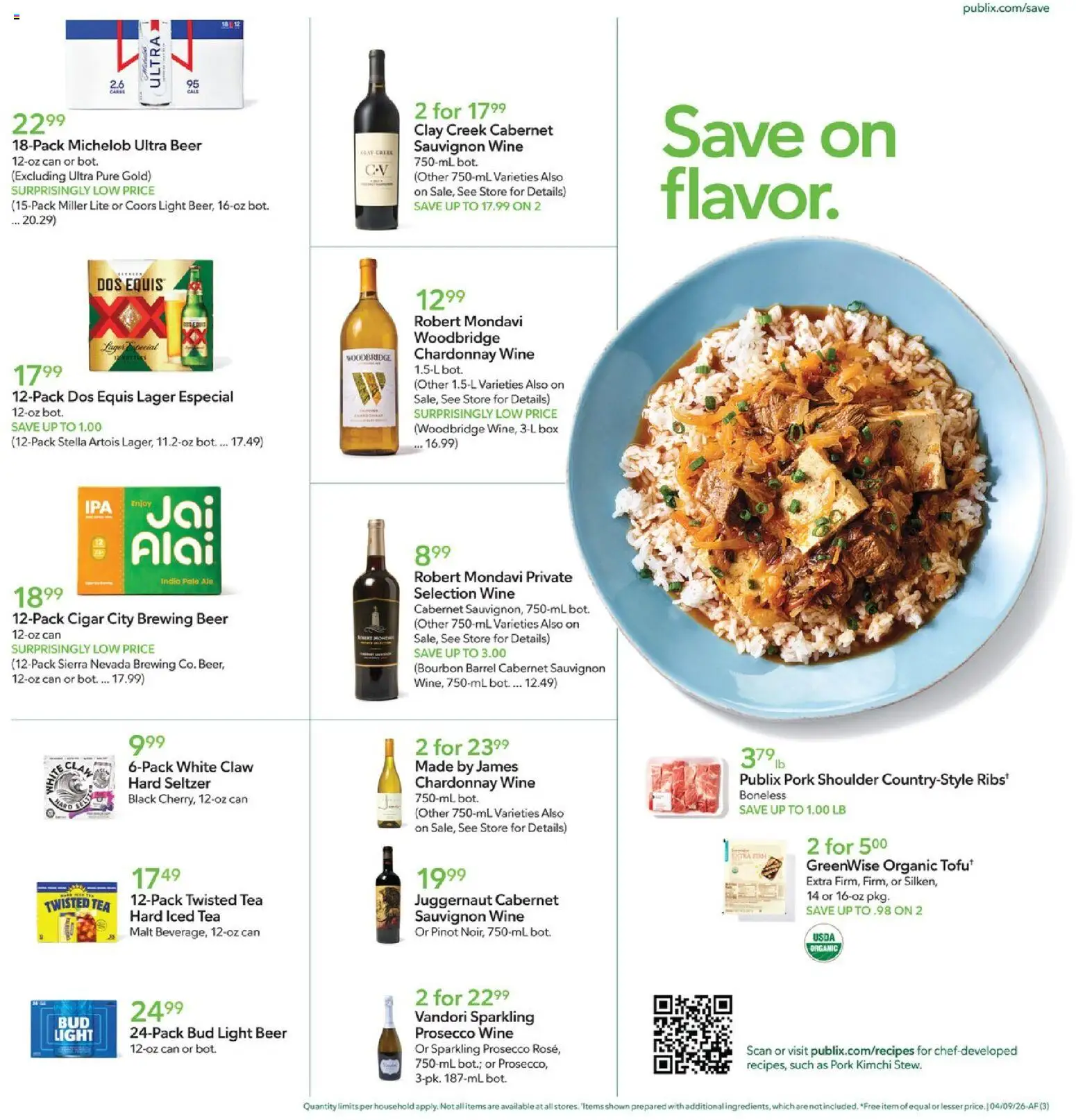 Publix Weekly Ad - valid from 08.04.2026 | Page: 3 | Products: Wine, Pork, Tea, Bourbon