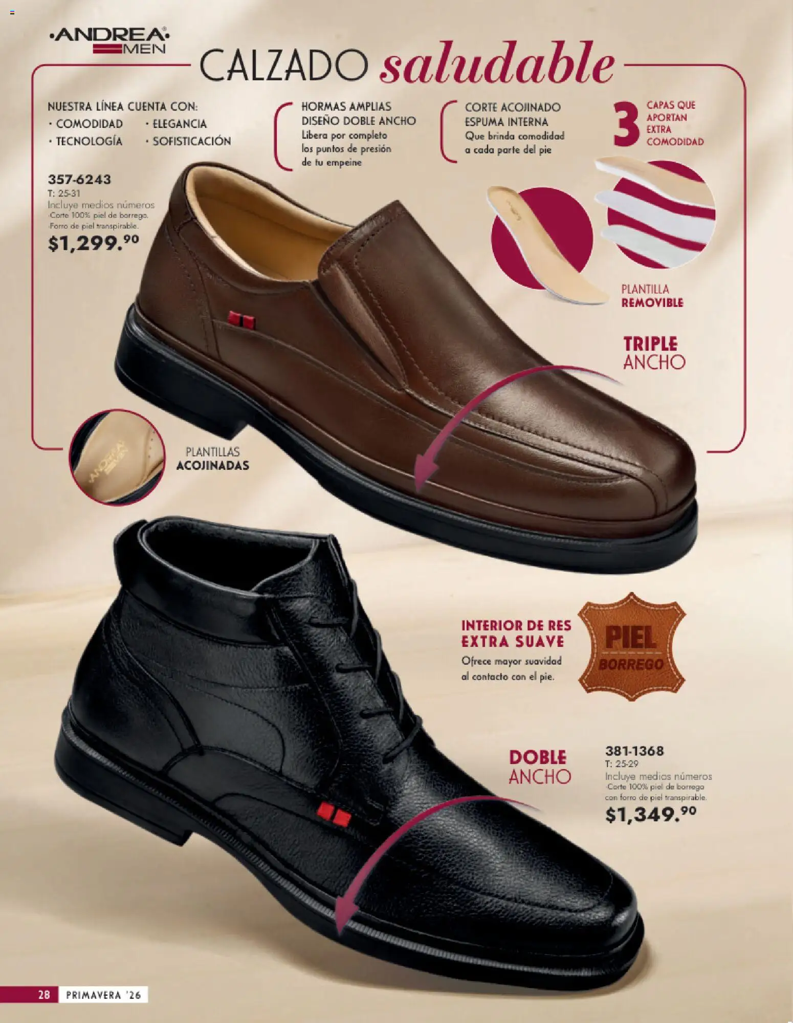 Nuevas ofertas de Andrea válidas en toda la República Mexicana desde el 25.01.2026. ¡Encuentra las mejores ofertas en Andrea catálogo Calzado Caballero! | Página: 28 | Productos: Res, Espuma