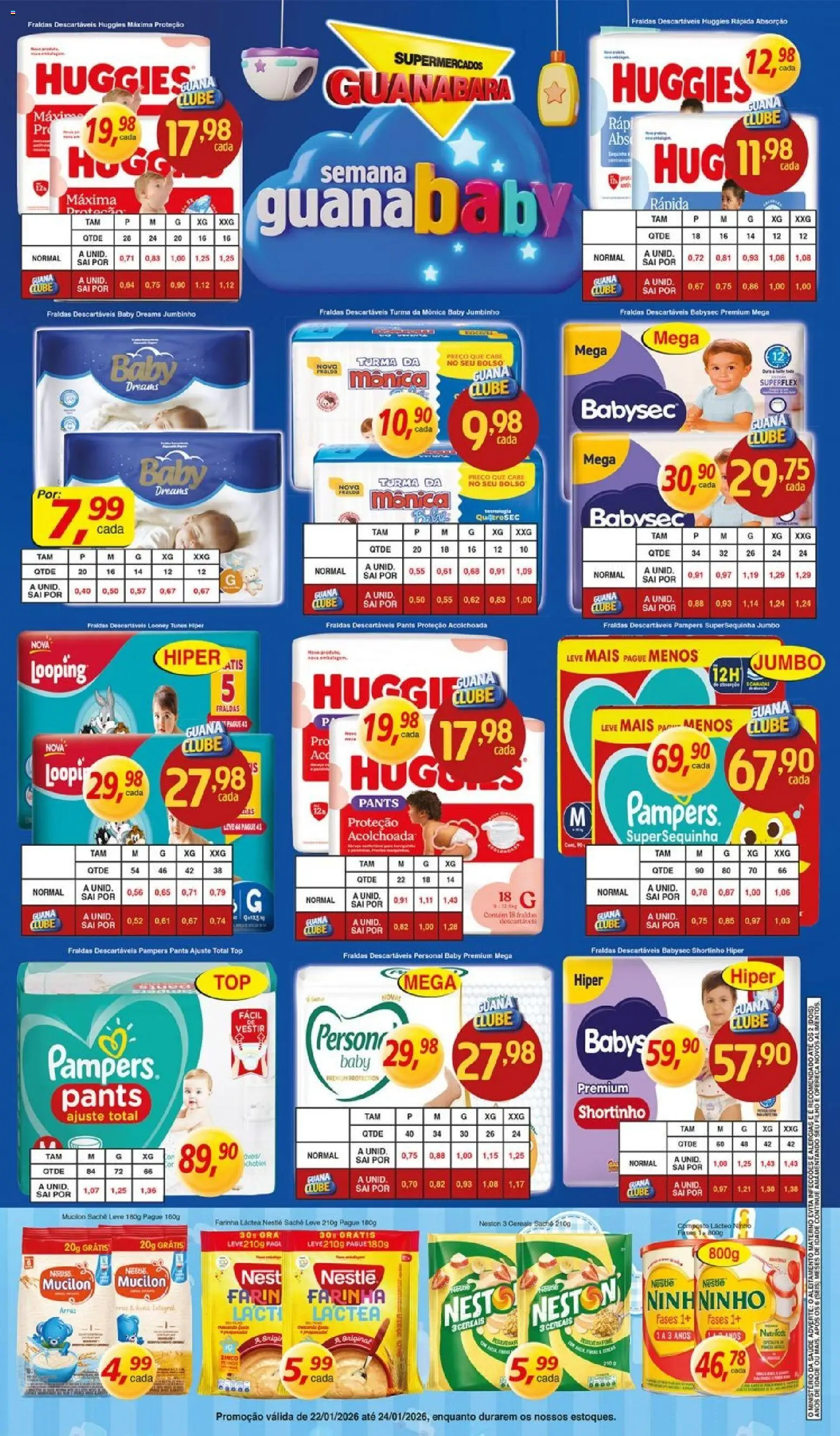 Supermercados Guanabara Folheto - válido de 22.01.2026 | Página: 3 | Produtos: Pampers, Farinha láctea, Cereais, Mucilon