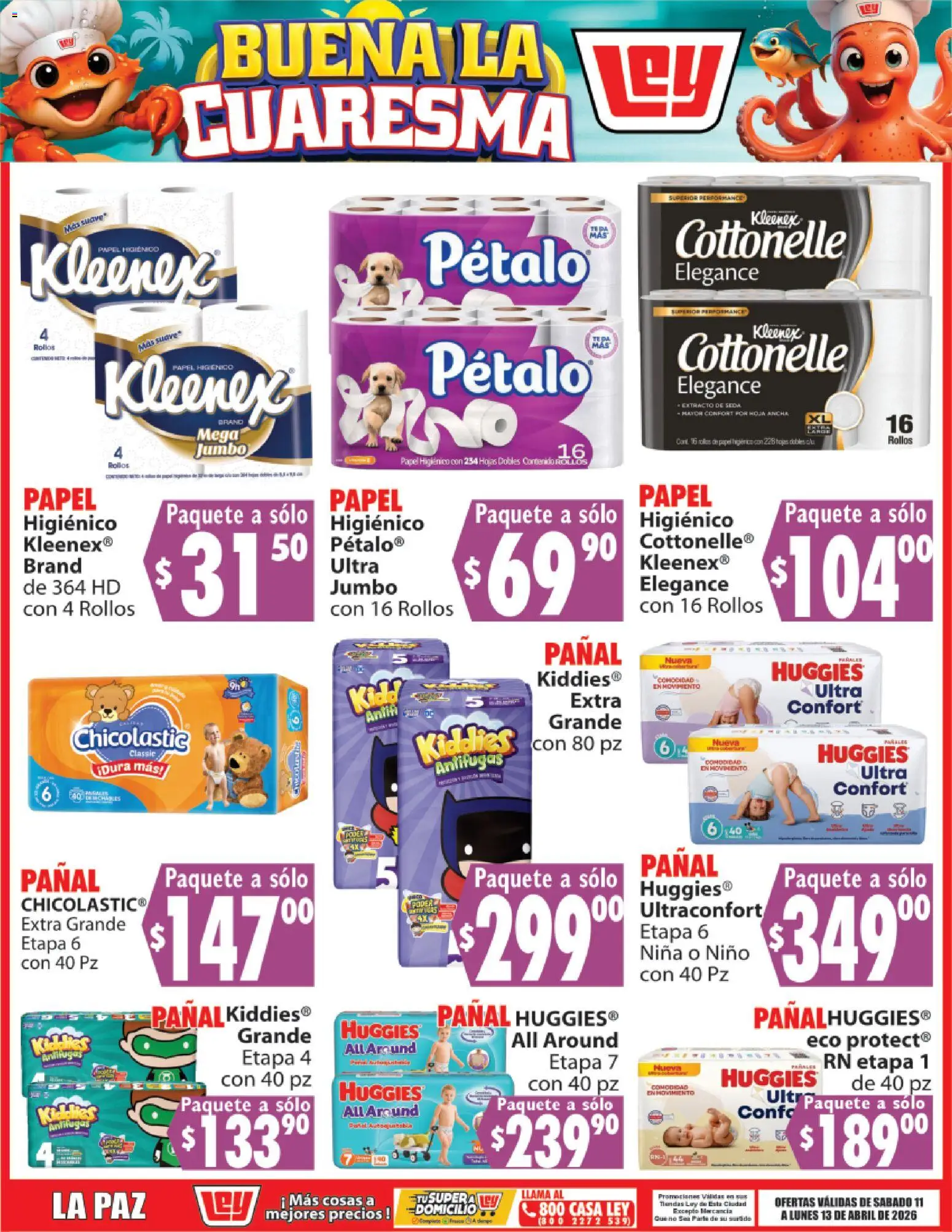Nuevas ofertas de Casa Ley válidas en toda la República Mexicana desde el 11.04.2026. ¡Encuentra las mejores ofertas en Casa Ley folleto Buena la Cuaresma La Paz! | Página: 8 | Productos: Pañales, Papel higiénico