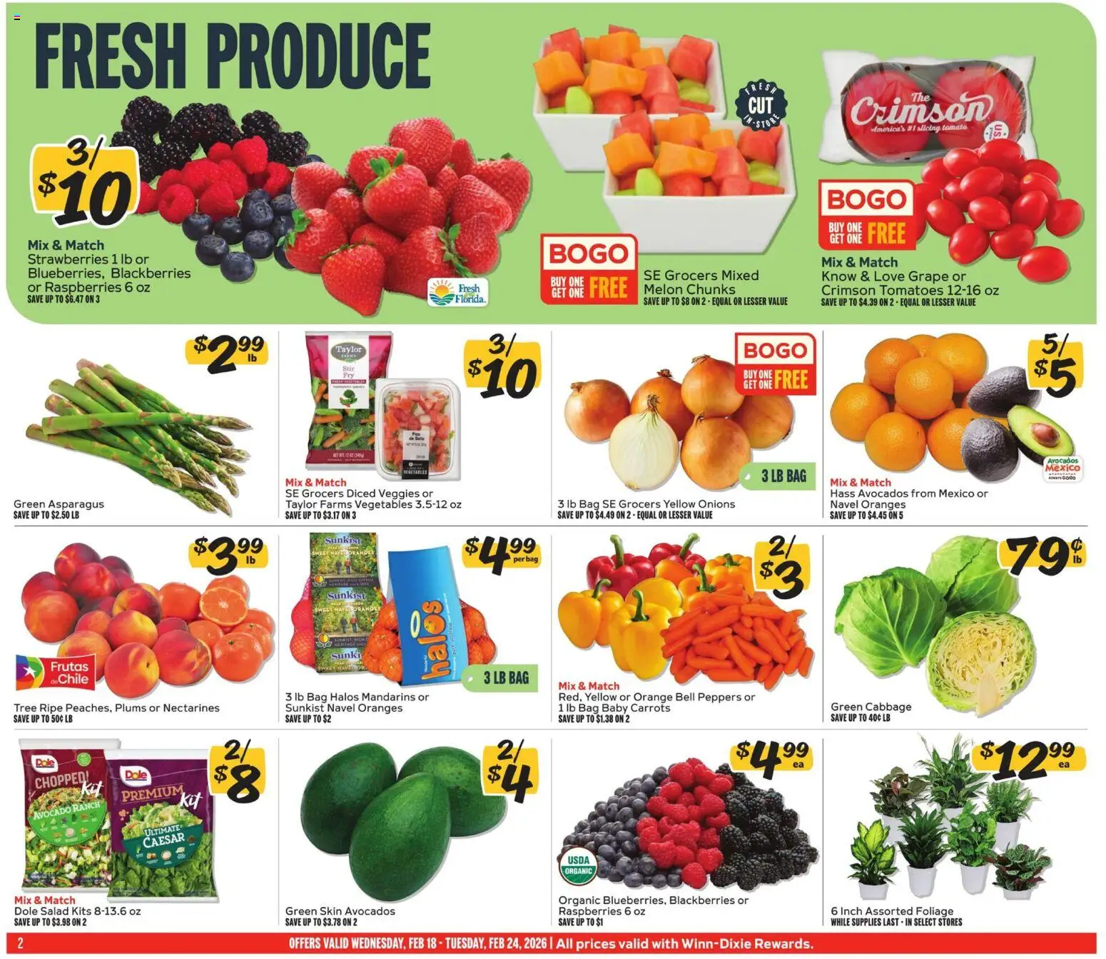 Winn Dixie Weekly Circular - GA - valid from 18.02.2026 | Page: 2 | Products: Peppers, Strawberries, Salad, Melon