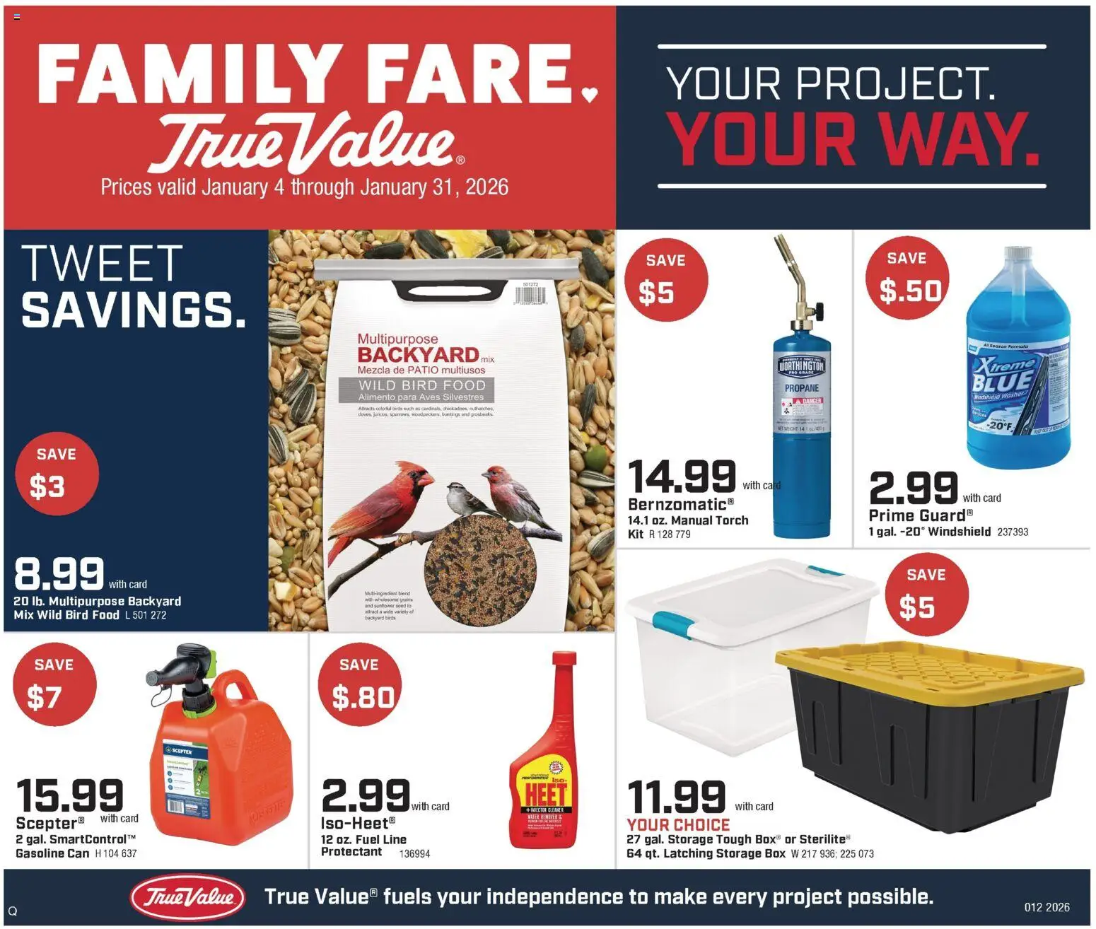 Family Fare True Value Ad - valid from 04.01.2026 | Page: 1 | Products: Box, Windshield, Water, Washer