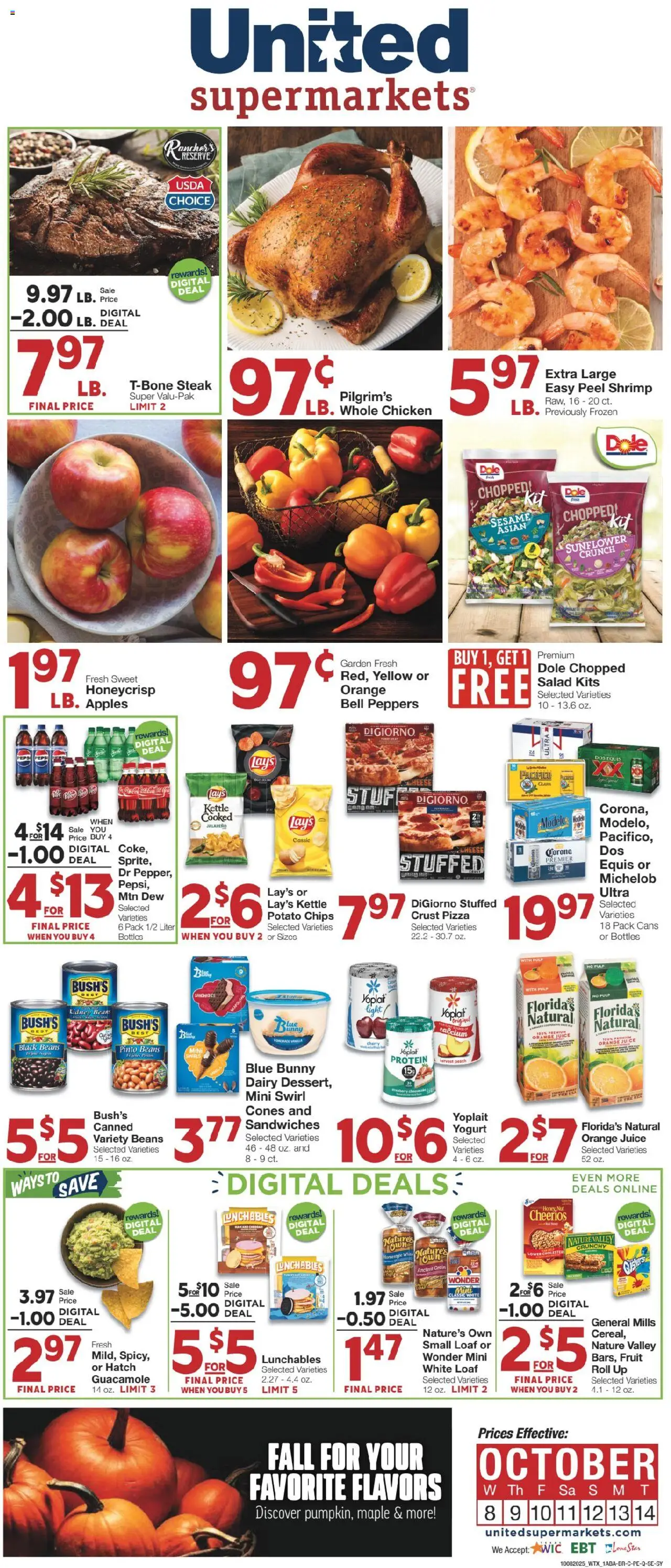 United Supermarkets Weekly Ad - valid from 07.10.2025 | Page: 1 | Products: Cheese, Apples, Chips, Kettle