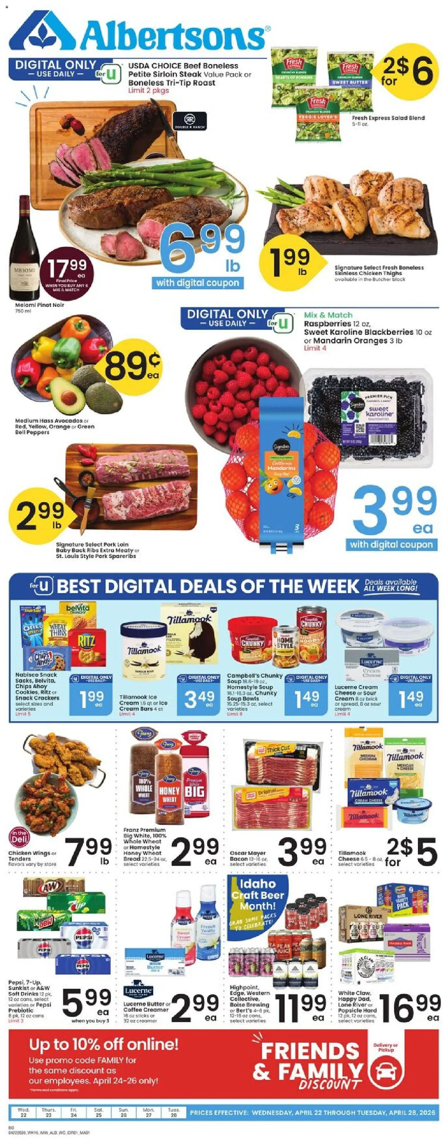 Albertsons Weekly Ad - valid from 22.04.2026 | Page: 1 | Products: Cheese, Coffee, Oranges, Beef