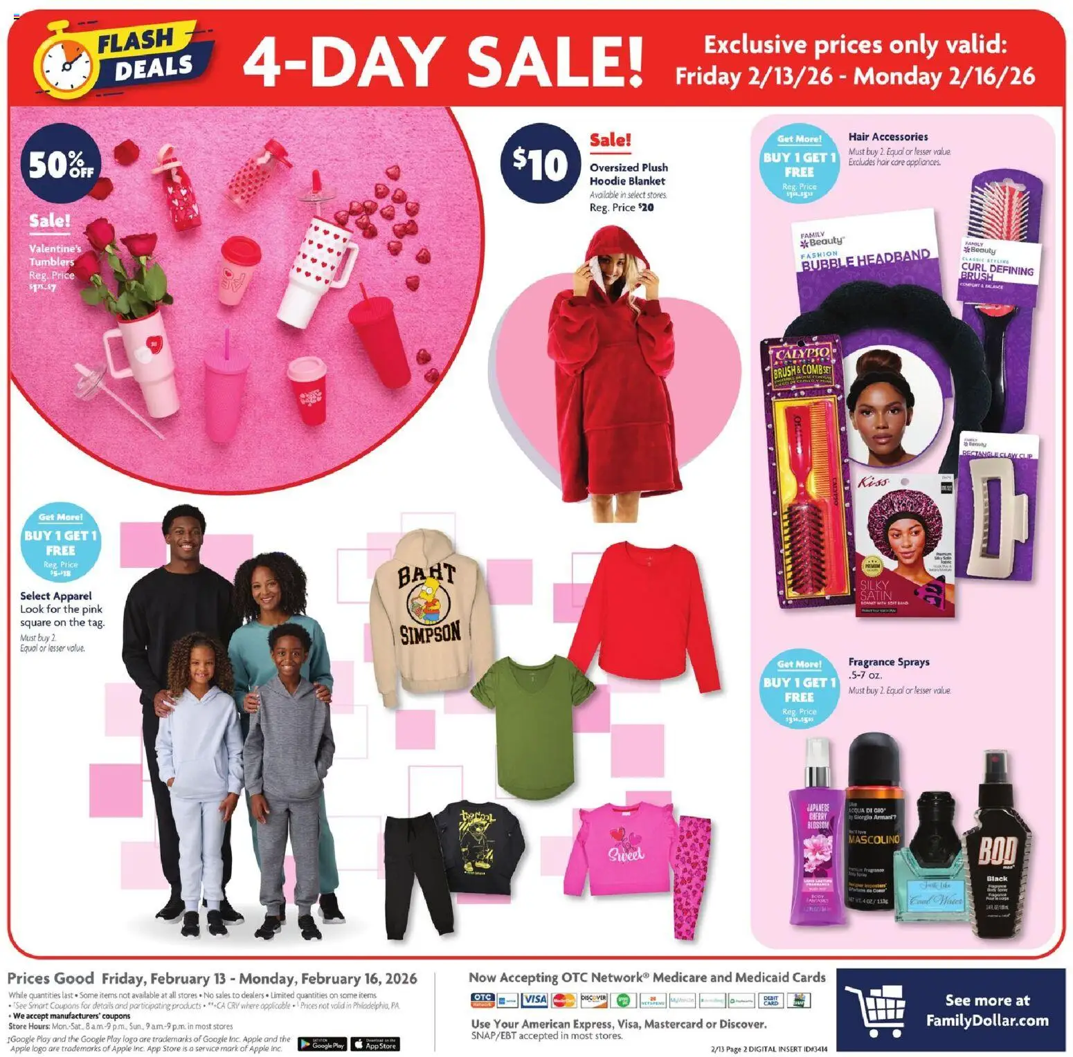 Family Dollar 4 Day Sale - valid from 13.02.2026 | Page: 2 | Products: Blanket, Clip, Brush, Hoodie