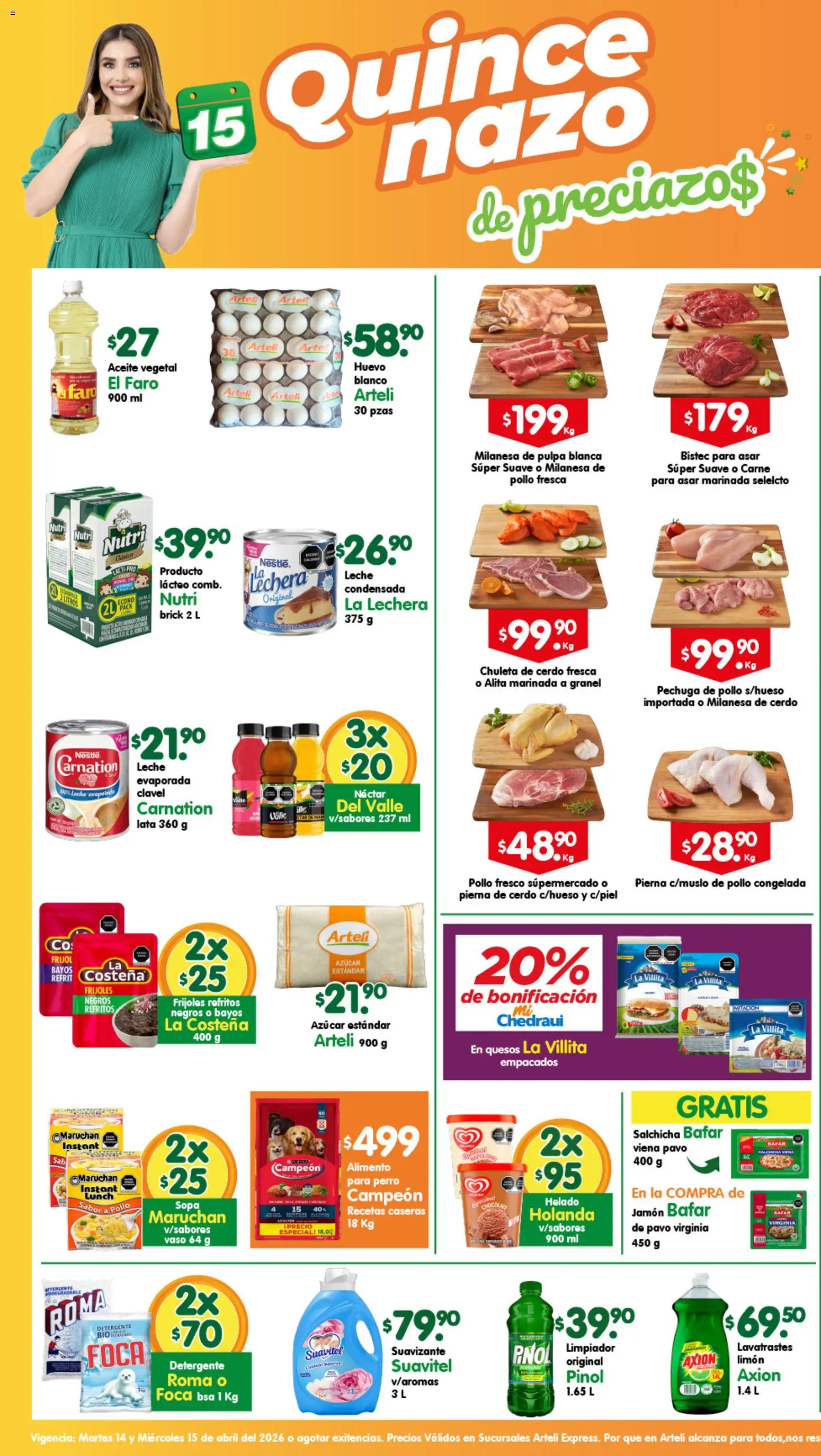 Nuevas ofertas de Arteli válidas en toda la República Mexicana desde el 14.04.2026. ¡Encuentra las mejores ofertas en Arteli folleto Express! | Página: 1 | Productos: Milanesa, Huevo, Leche, Cerdo