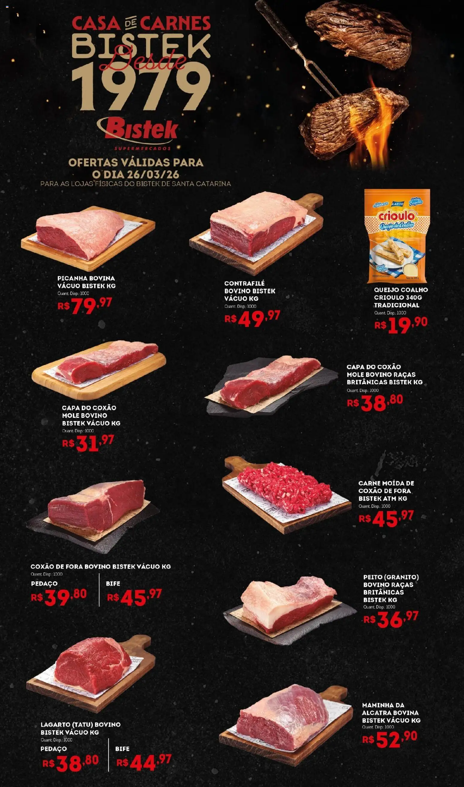 Bistek Supermercados Folheto - válido de 26.03.2026 | Página: 1 | Produtos: Alcatra, Picanha, Queijo, Carne moída