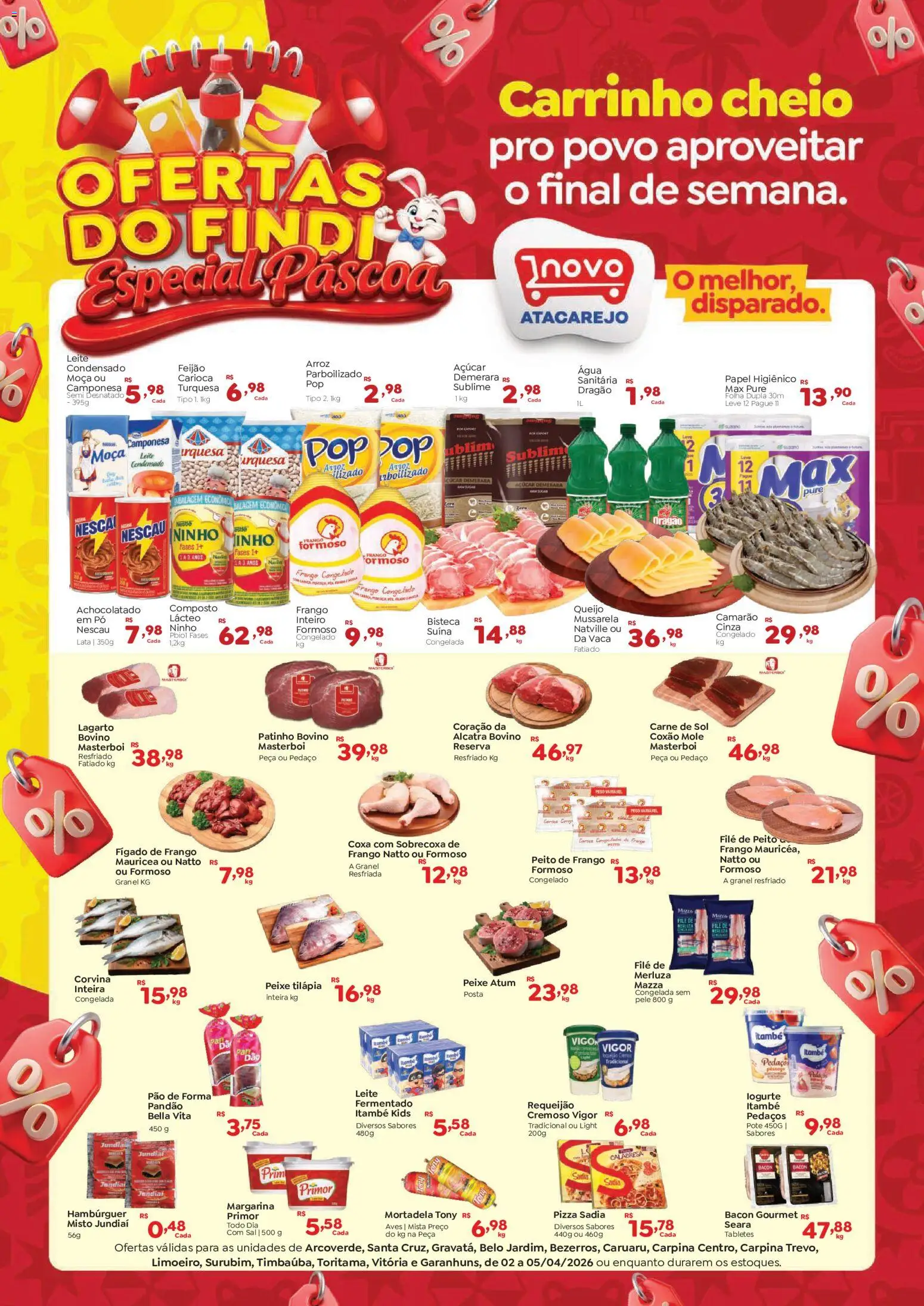 Novo Atacarejo Folheto - válido de 02.04.2026 | Página: 1 | Produtos: Nescau, Mortadela, Açúcar, Mussarela