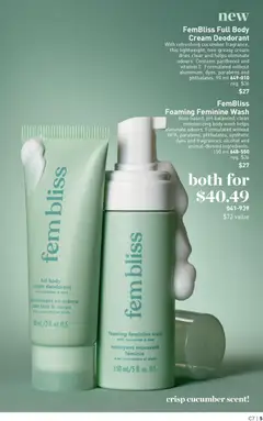 Preview of FemBliss Full Body Cream Deodorant, With refreshing cucumber fragrance, this lightweight, non-greasy cream dries clear and helps eliminate odours. Contains panthenol and vitamin E. Formulated without aluminum, dyes, parabens and phthalates. 90 ml from shop Avon valid from 26.03.2026 | Page: 5