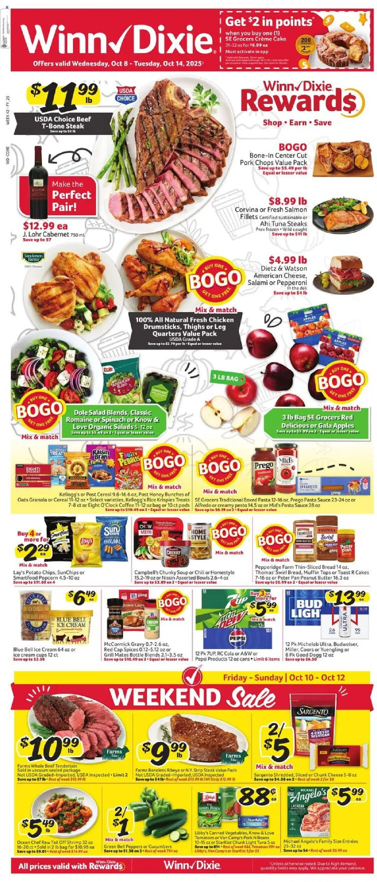 Winn Dixie Weekly Ad - valid from 08.10.2025 | Page: 1 | Products: Bread, Apples, Ice cream, Bag
