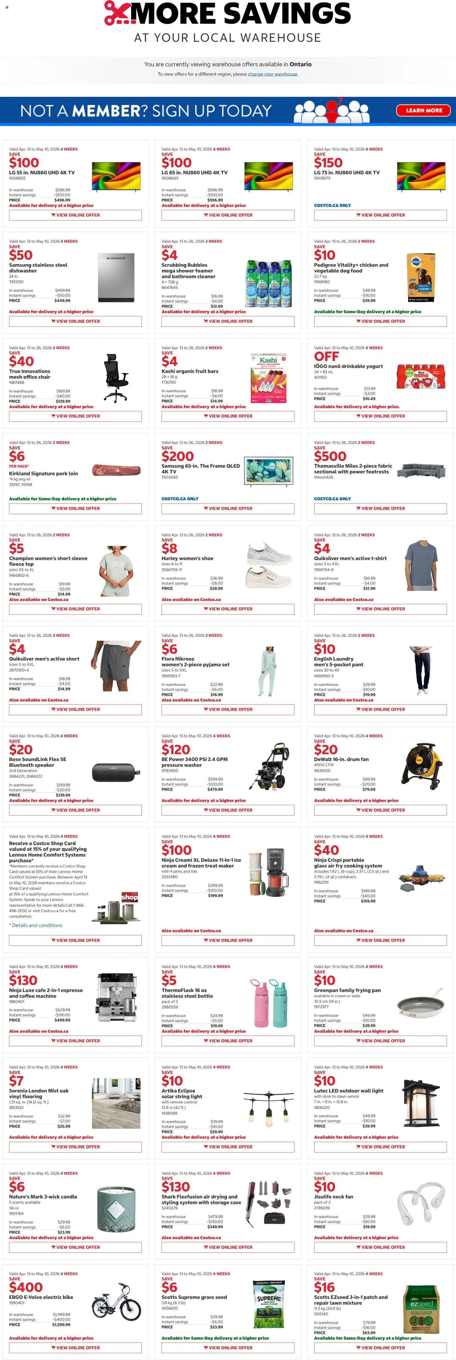 Costco flyer valid from 13.04.2026 | Page: 1 | Products: Tv, Dishwasher, Shower, Yogurt