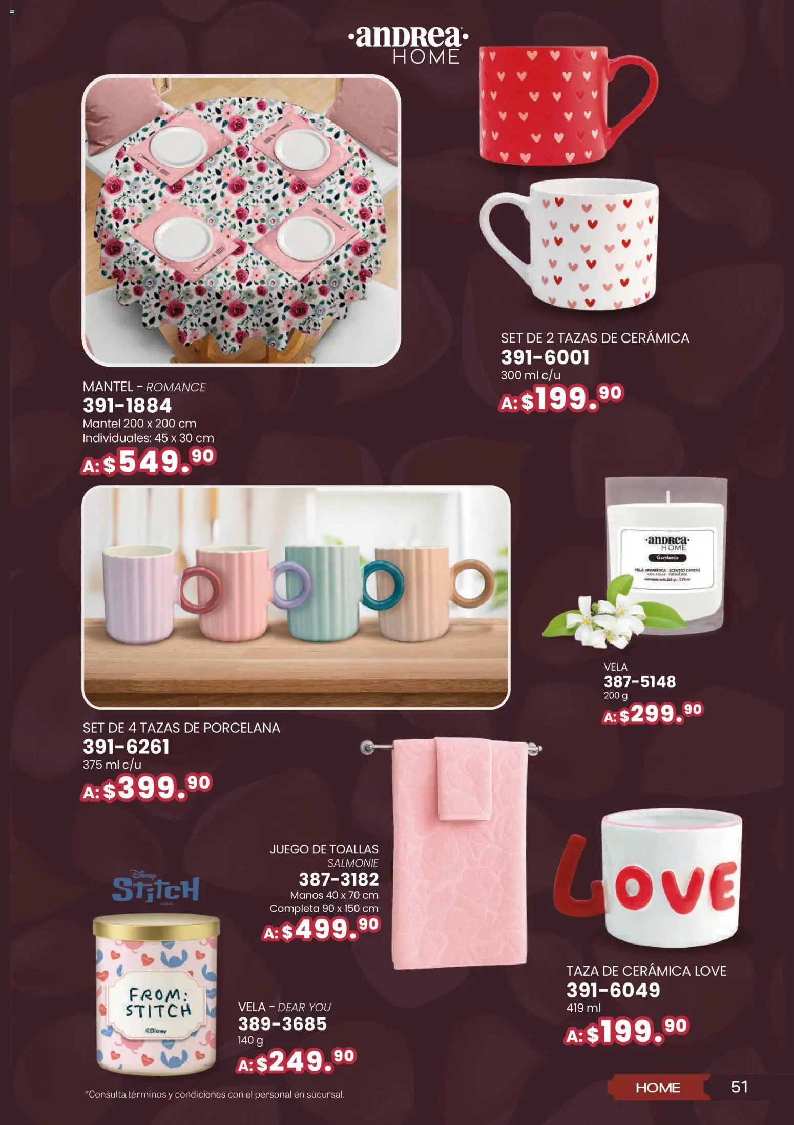 Nuevas ofertas de Andrea válidas en toda la República Mexicana desde el 25.01.2026. ¡Encuentra las mejores ofertas en Andrea catálogo San Vatentín! | Página: 51 | Productos: Mantel, Juego, Vela, Toallas