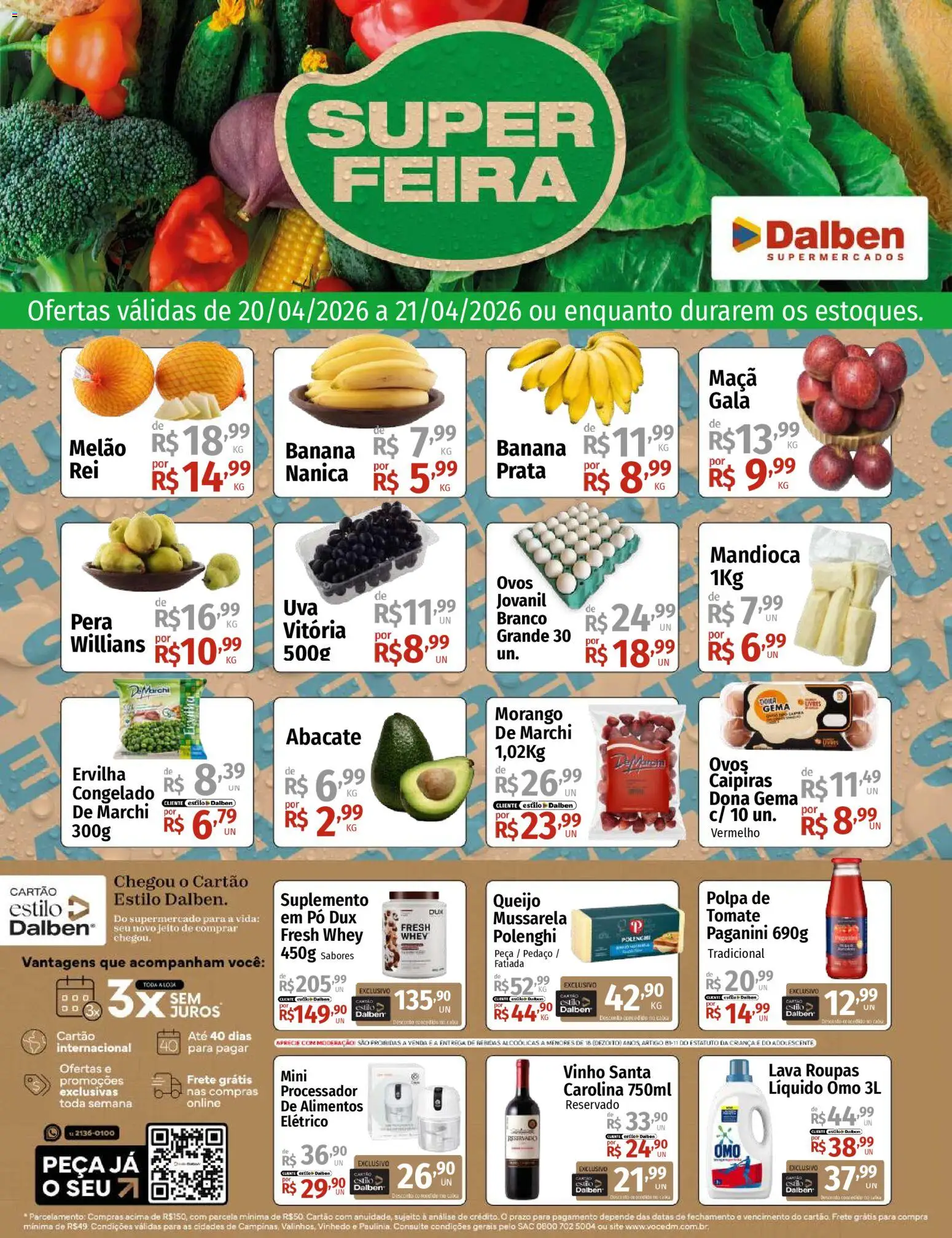 Supermercado Dalben Folheto - válido de 20.04.2026 | Página: 1 | Produtos: Pera, Queijo, Ovos, Roupas