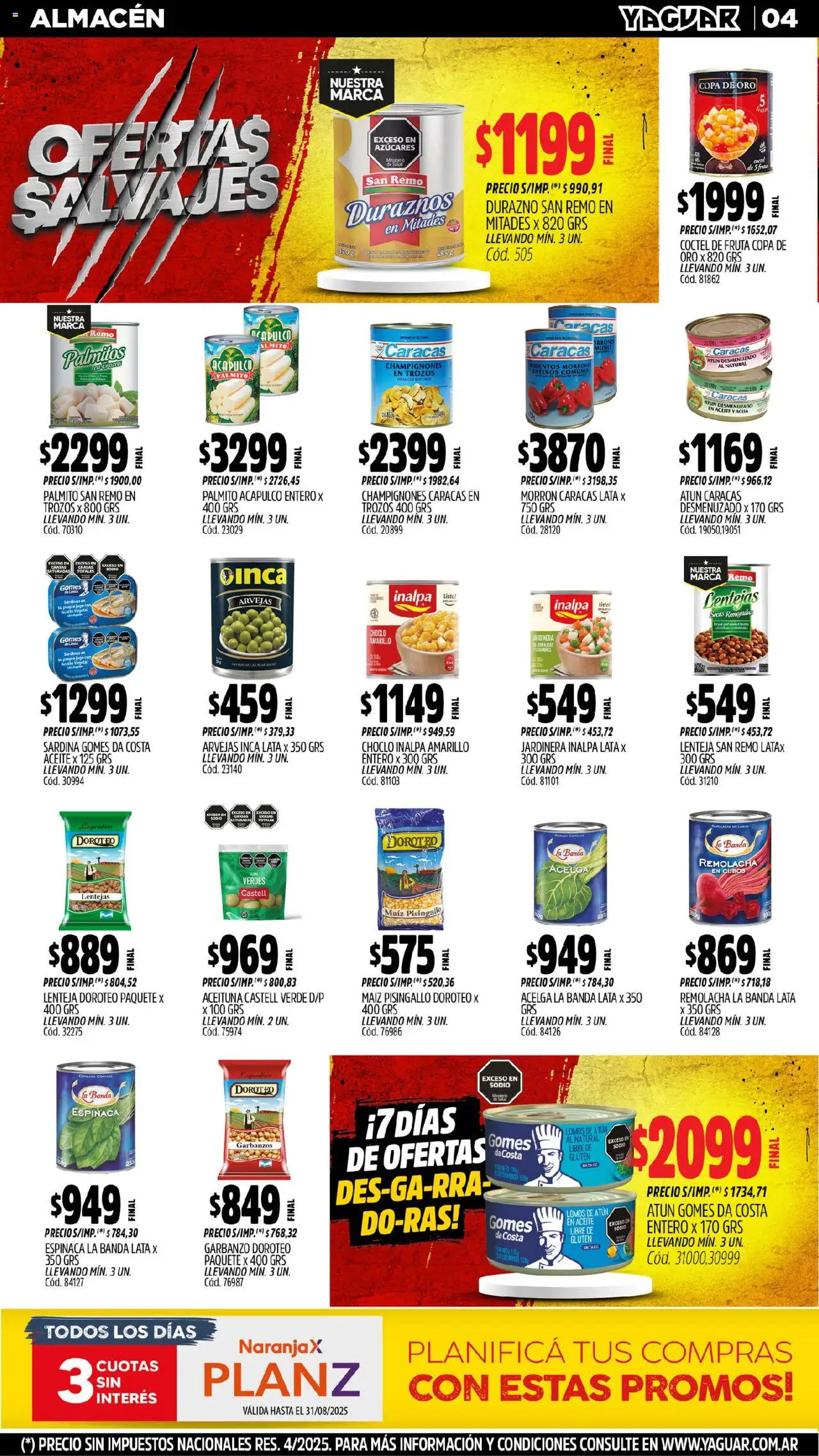 Yaguar - San Juan │ válido desde el 11.08.2025 | Página: 4 | Productos: Durazno, Lentejas, Arvejas, Garbanzos