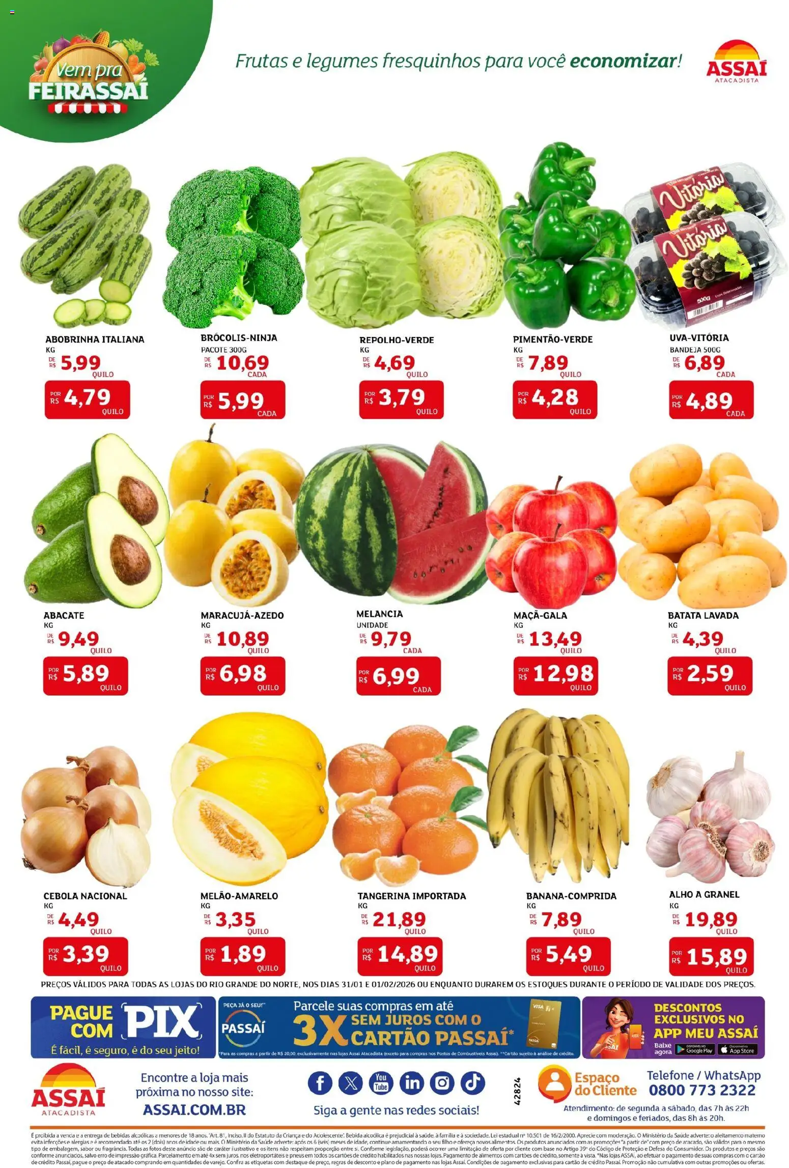 Assaí Atacadista Folheto - válido de 31.01.2026 | Página: 3 | Produtos: Melancia, Alho, Cebola, Telefone
