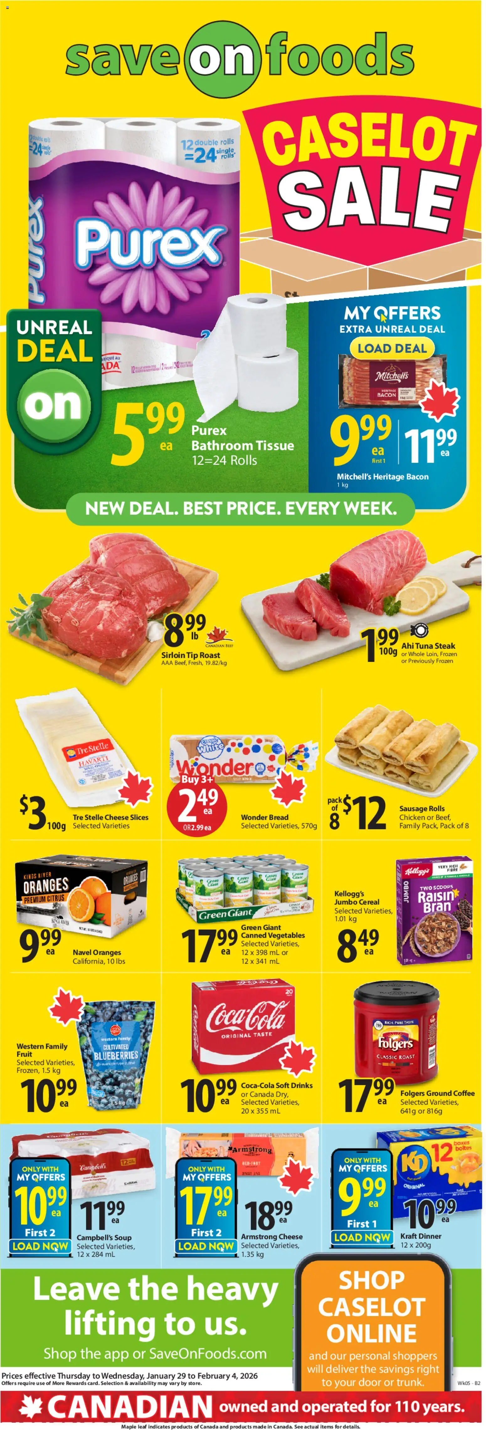 Save on foods flyer valid from 29.01.2026 | Page: 2 | Products: Beef, Cheese, Coffee, Oranges