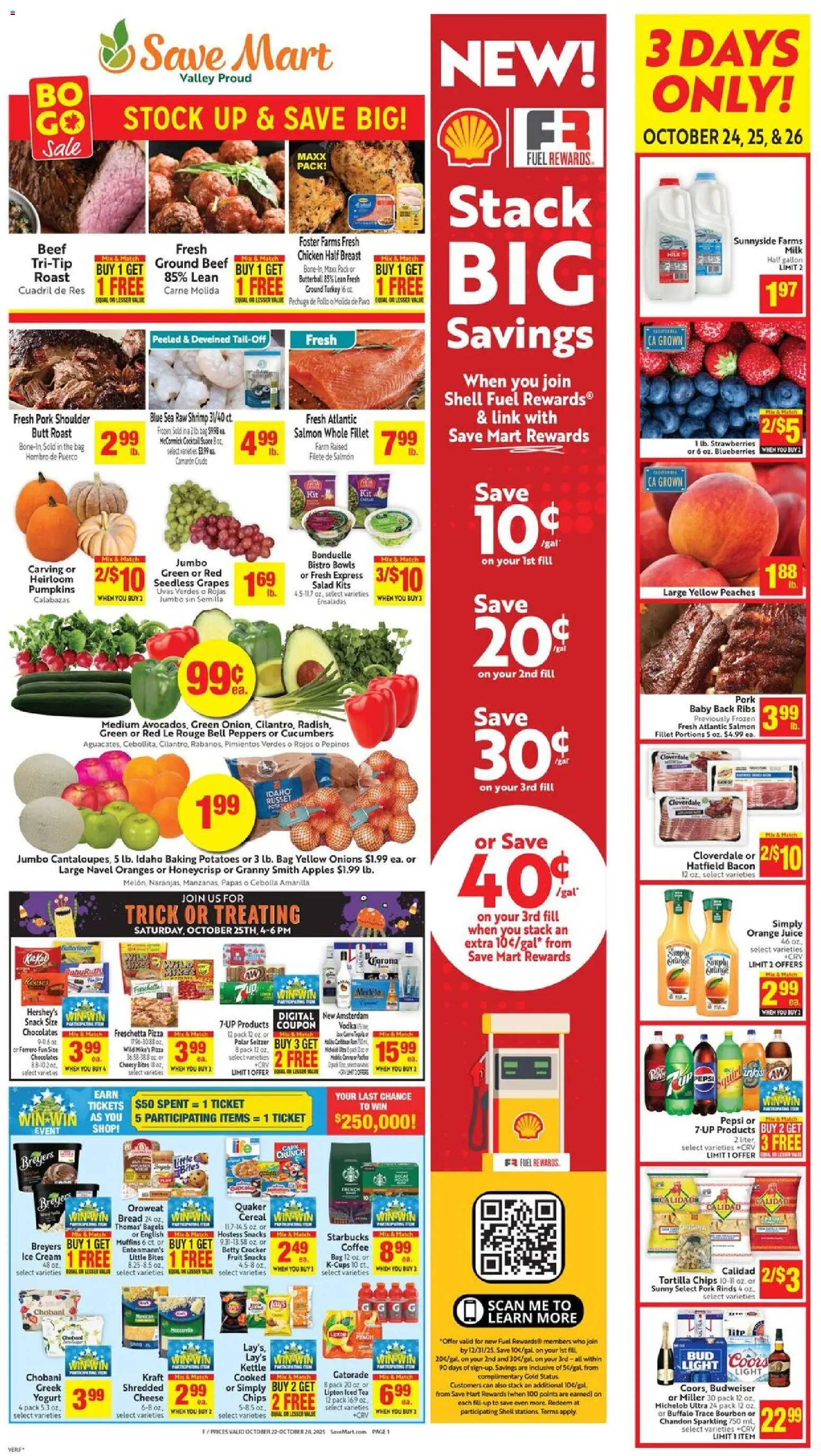 Save Mart Weekly - CA - valid from 22.10.2025 | Page: 1 | Products: Strawberries, Blueberries, Cupcake, Kettle
