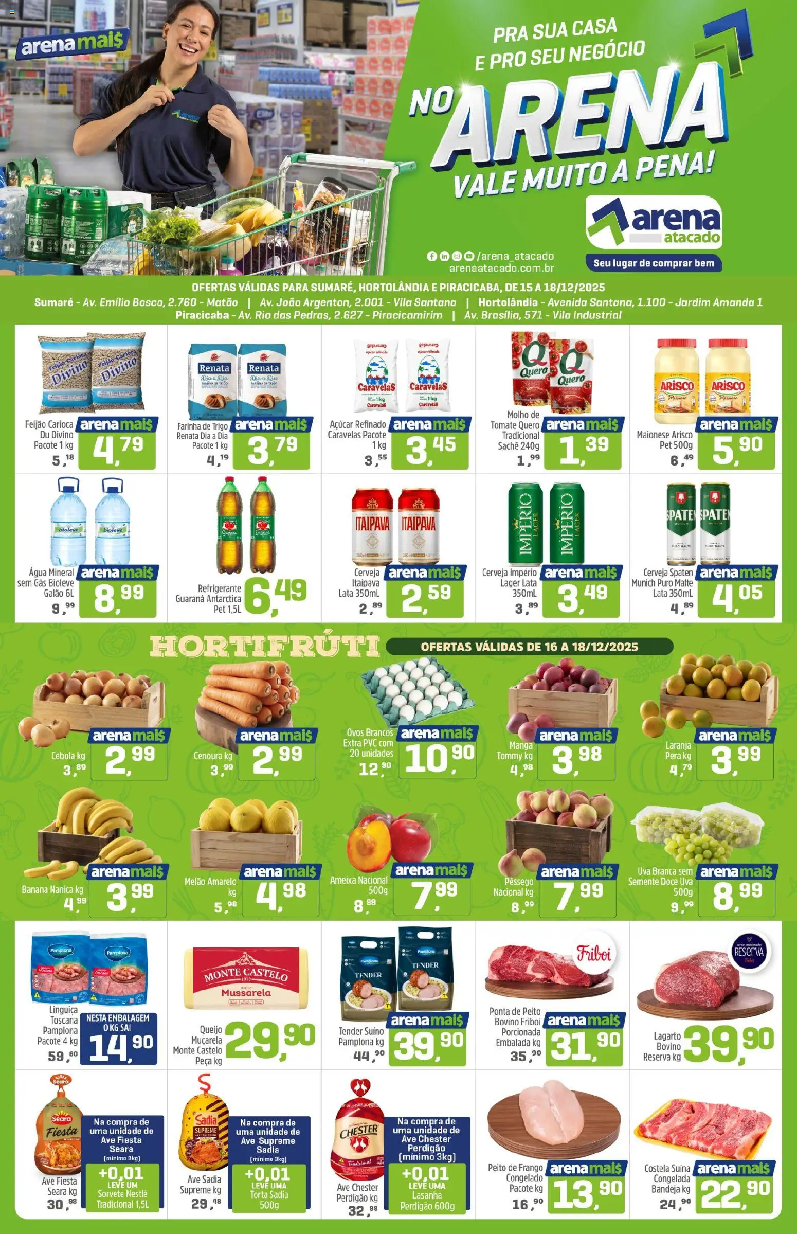 Arena Atacado Folheto - válido de 15.12.2025 | Página: 1 | Produtos: Pêssego, Ovos, Muçarela, Sorvete