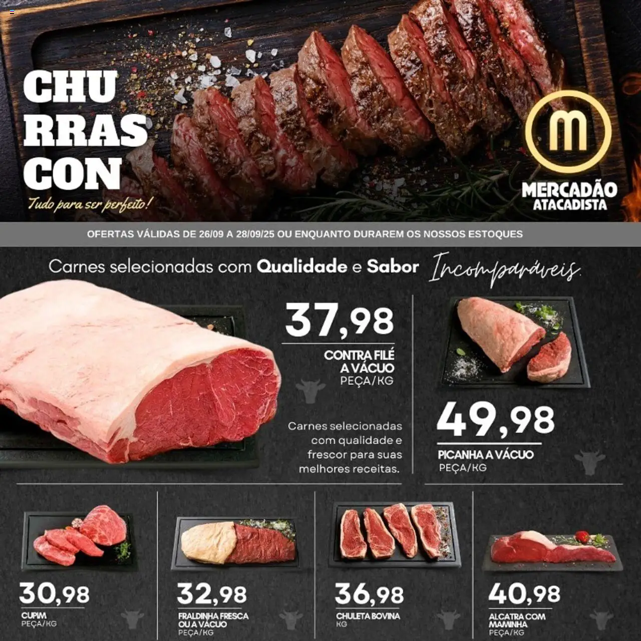 Mercadão Atacadista Folheto - válido de 26.09.2025 | Página: 1 | Produtos: Alcatra, Contra filé, Fraldinha, Picanha