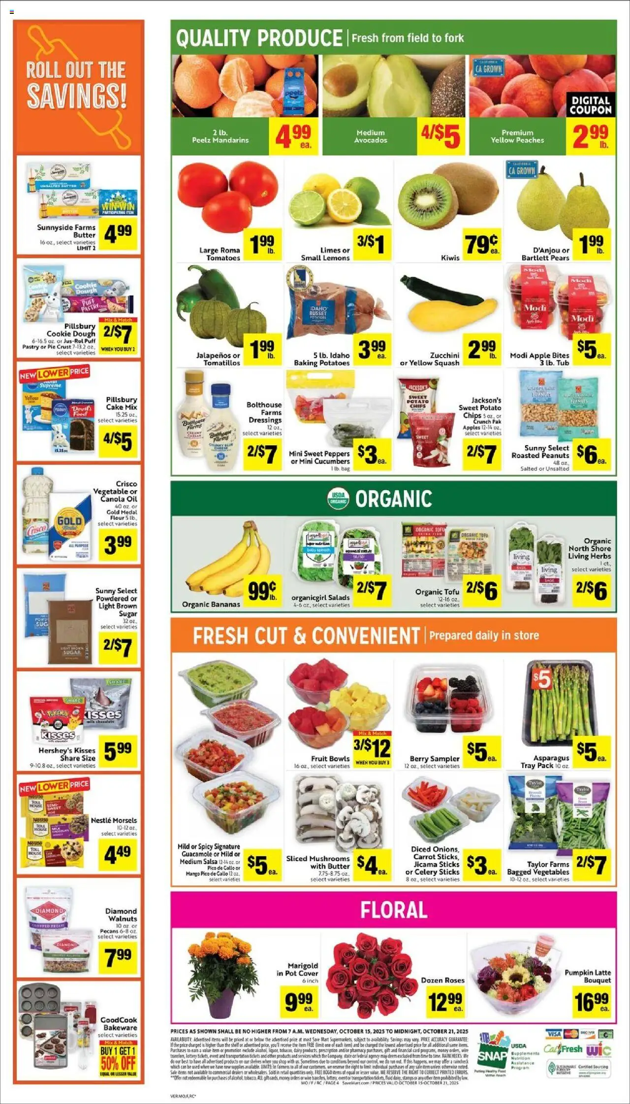 Save Mart Weekly - CA - valid from 15.10.2025 | Page: 4 | Products: Peaches, Peppers, Apples, Tomatoes
