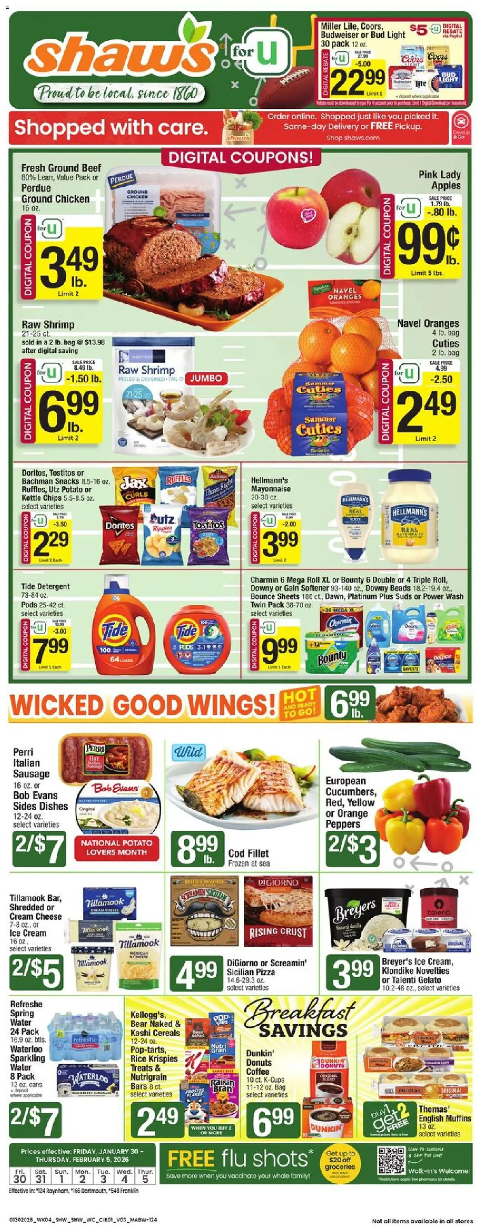 Shaw's Weekly Ad - MA - valid from 30.01.2026 | Page: 1 | Products: Chips, Cream, Mayonnaise, Sausage