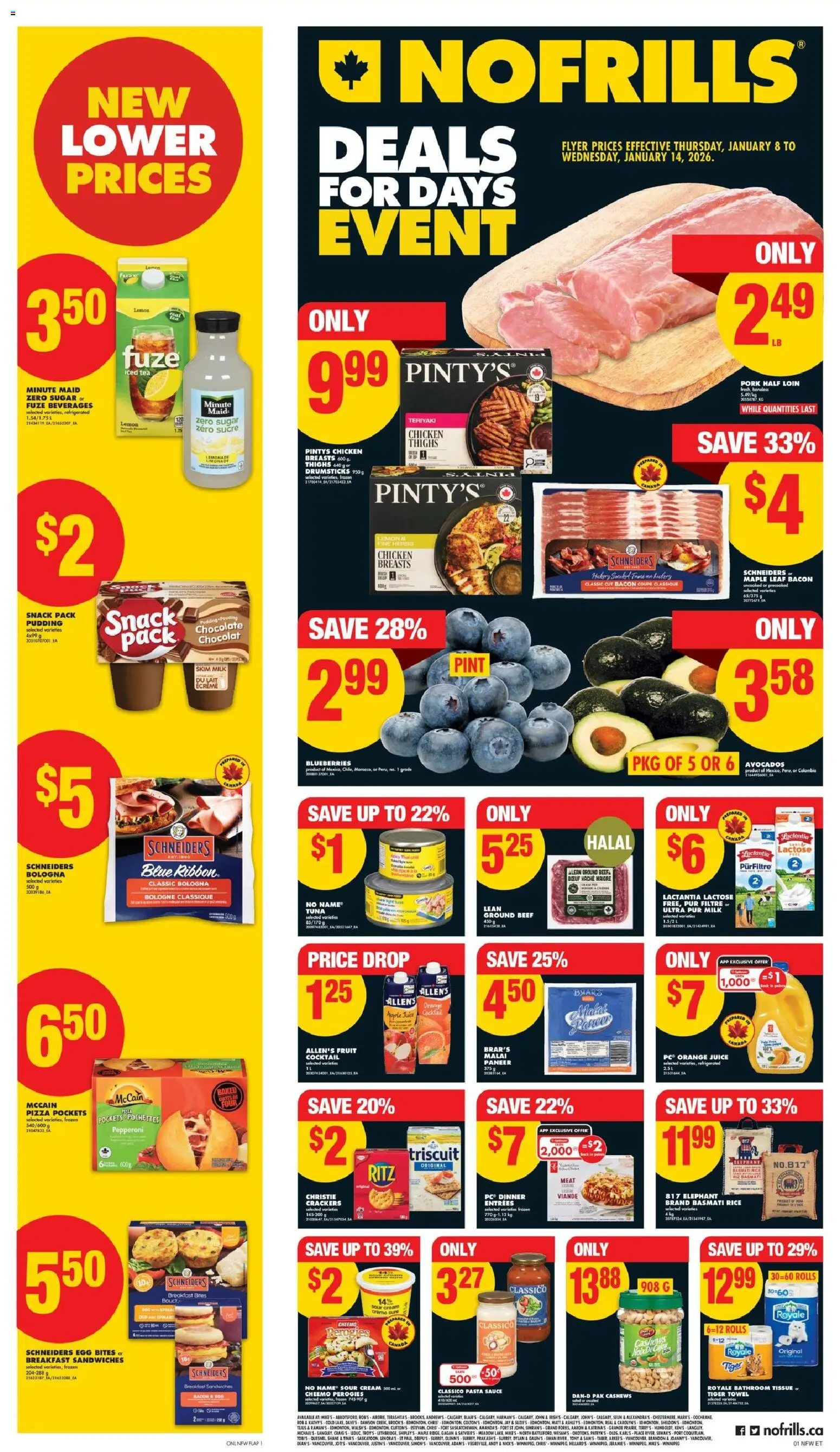 No Frills flyer valid from 08.01.2026 | Page: 1 | Products: Rice, Tea, Chicken breasts, Pizza