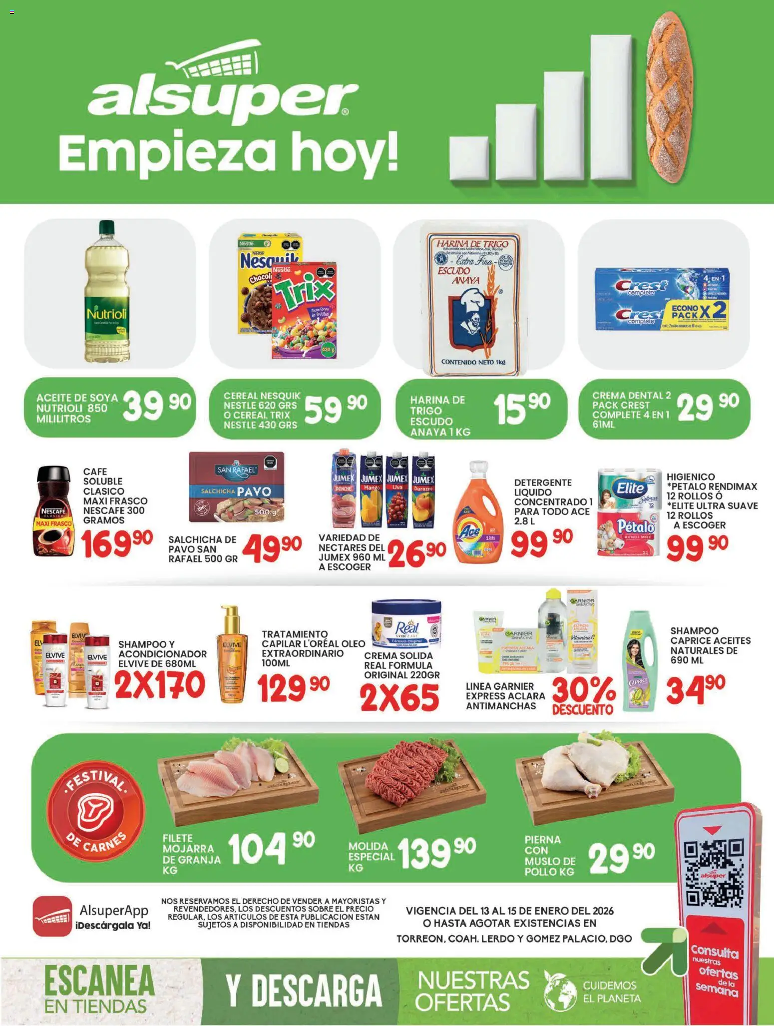 Nuevas ofertas de Alsuper válidas en toda la República Mexicana desde el 13.01.2026. ¡Encuentra las mejores ofertas en Alsuper folleto Laguna! | Página: 1 | Productos: Harina, Durazno, Salchicha, Vitaminas