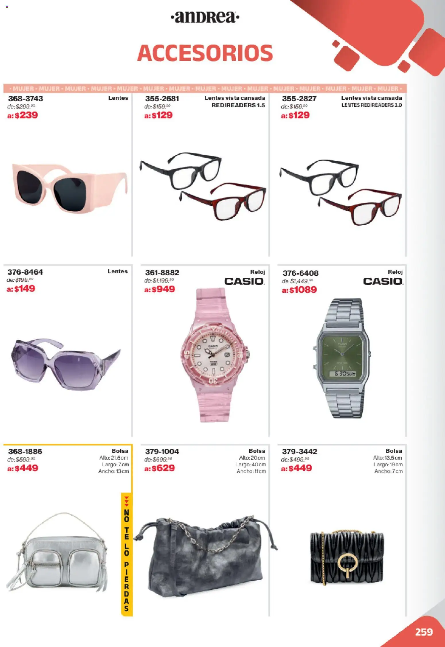 Nuevas ofertas de Andrea válidas en toda la República Mexicana desde el 02.11.2025. ¡Encuentra las mejores ofertas en Andrea catálogo Outlet! | Página: 259 | Productos: Lentes, Bolsa, Reloj