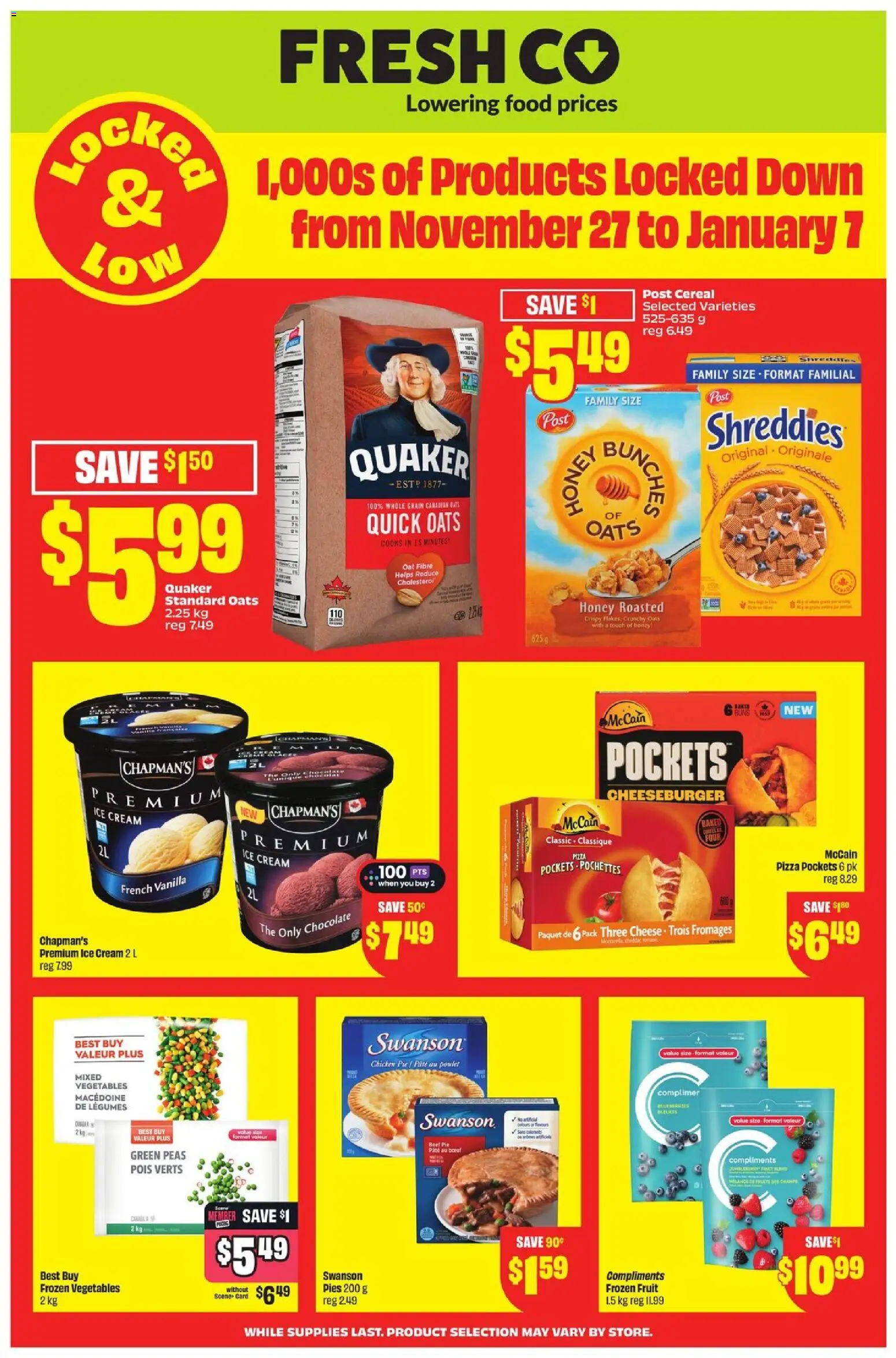 FreshCo flyer valid from 27.11.2025 | Page: 3 | Products: Cream, Chocolate, Pizza, Chicken