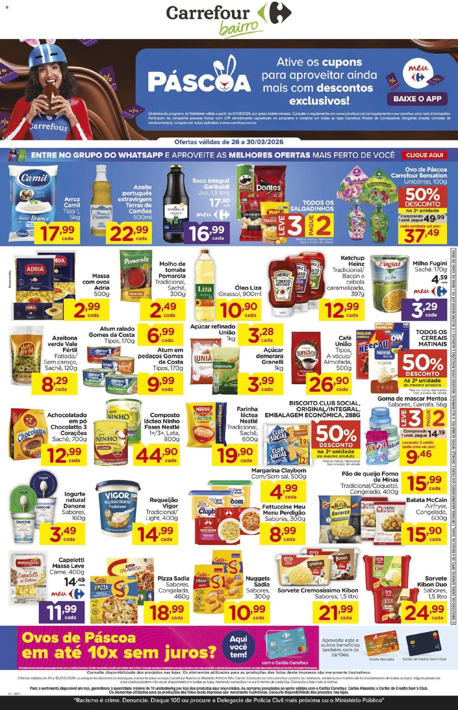 Carrefour Bairro Folheto - válido de 26.03.2026 | Página: 1 | Produtos: Ovos, Sorvete, Açúcar, Margarina